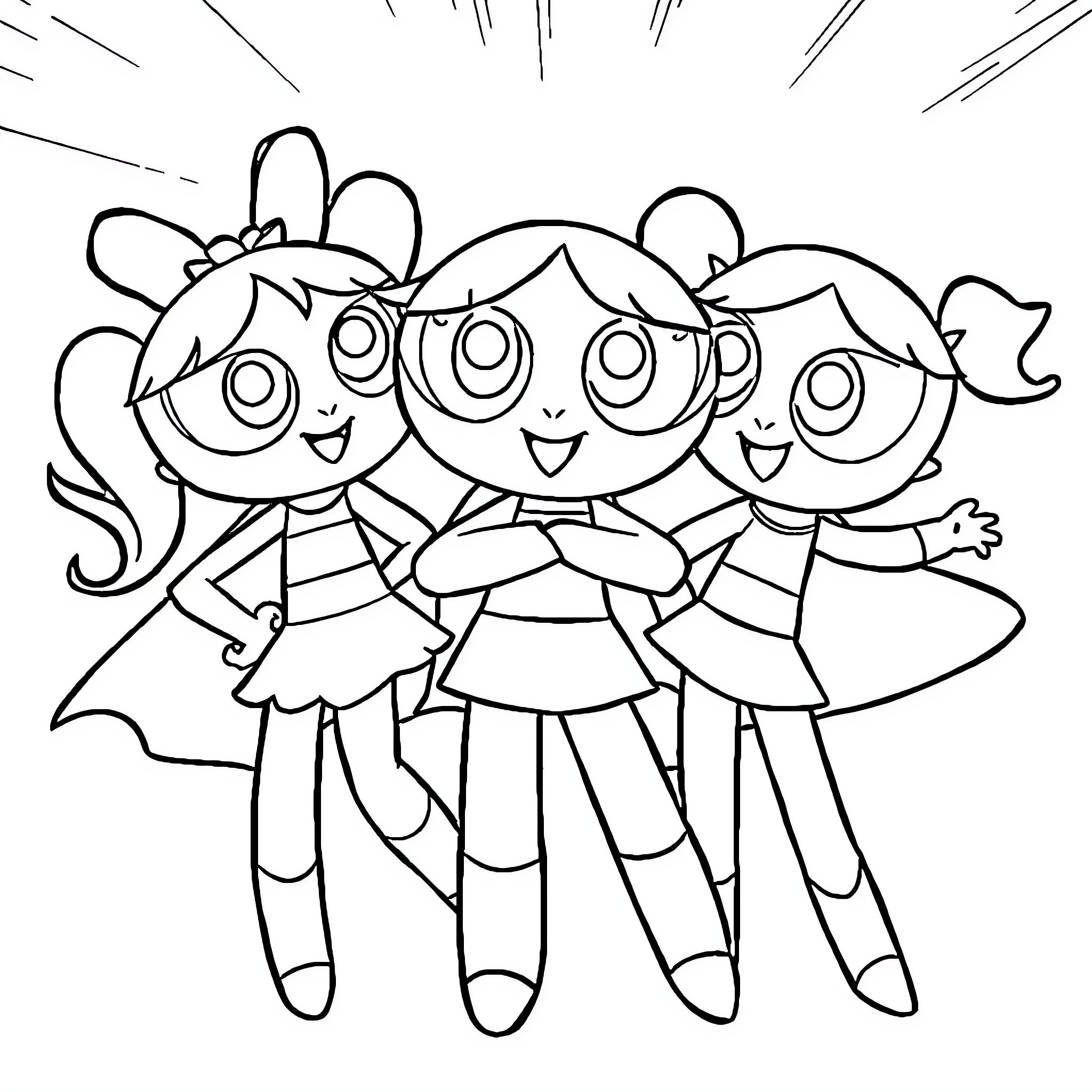 Powerpuff Girls cheerfully posing together Coloring Page (free black-and-white line drawing printable PDF for all, from beginners to advanced learners, including children, teens, adults, and seniors)