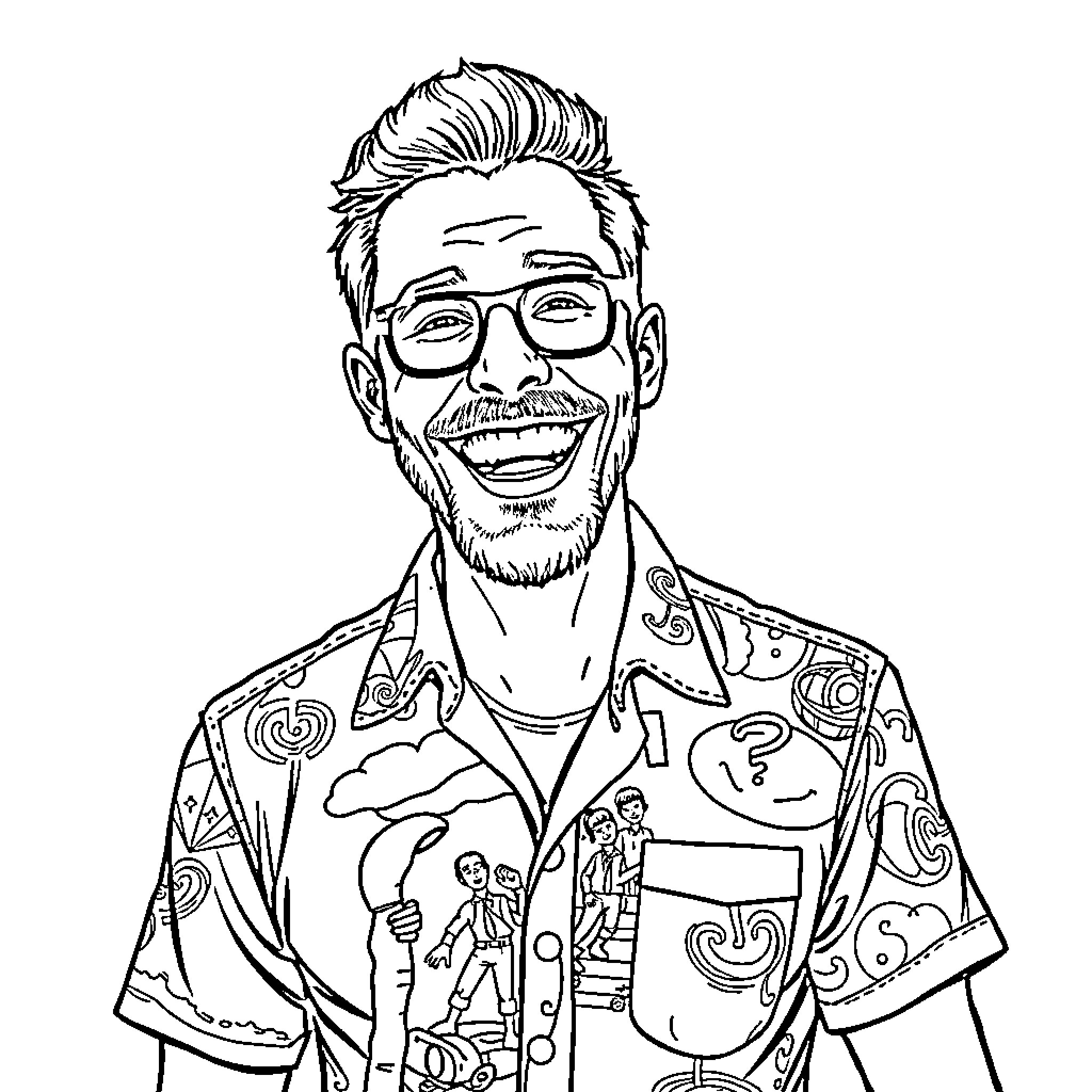 Guy with Glasses and Colorful Shirt Coloring Page (free black-and-white line drawing printable PDF for all, from beginners to advanced learners, including children, teens, adults, and seniors)