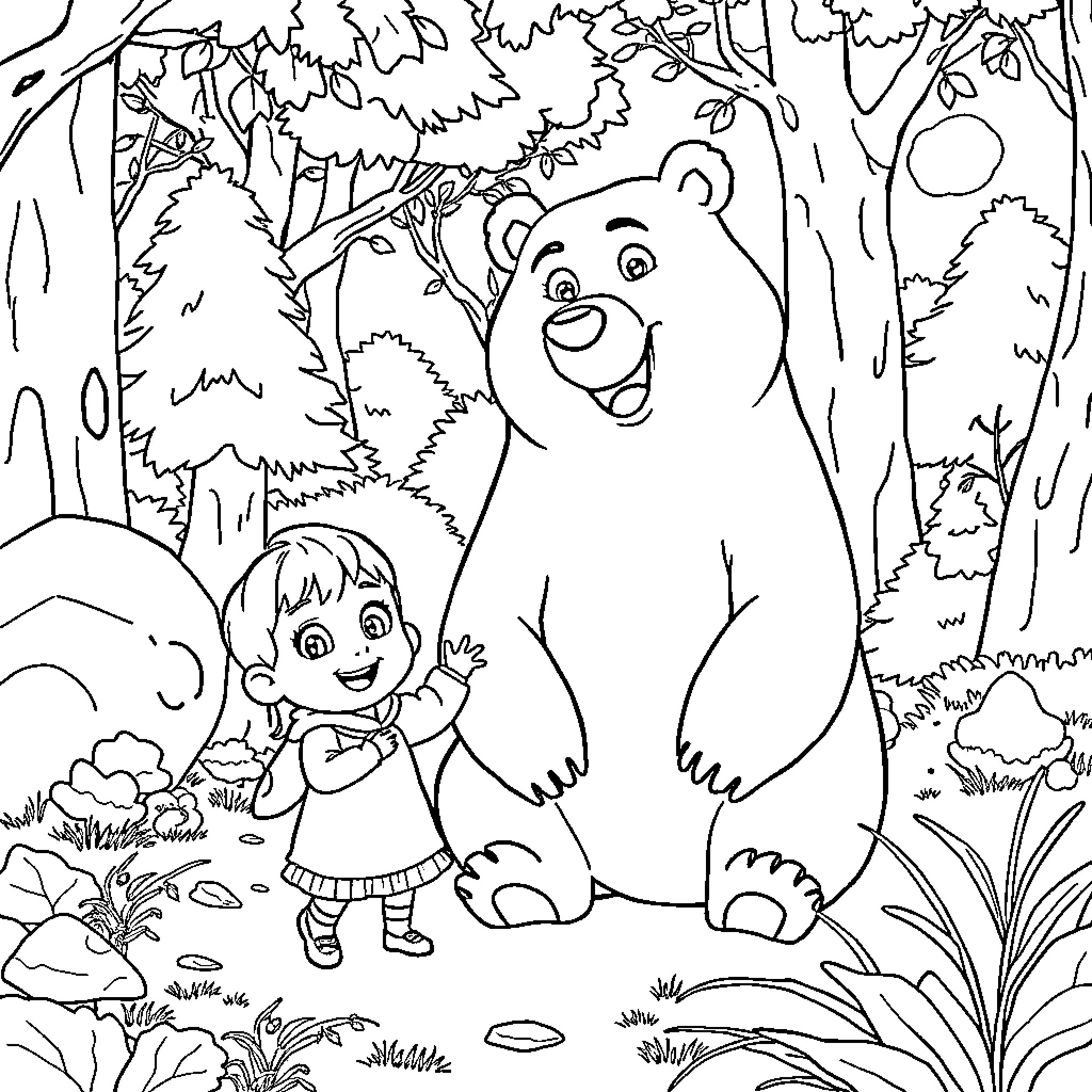 Masha and the Bear in the Forest Coloring Page (free black-and-white line drawing printable PDF for all, from beginners to advanced learners, including children, teens, adults, and seniors)