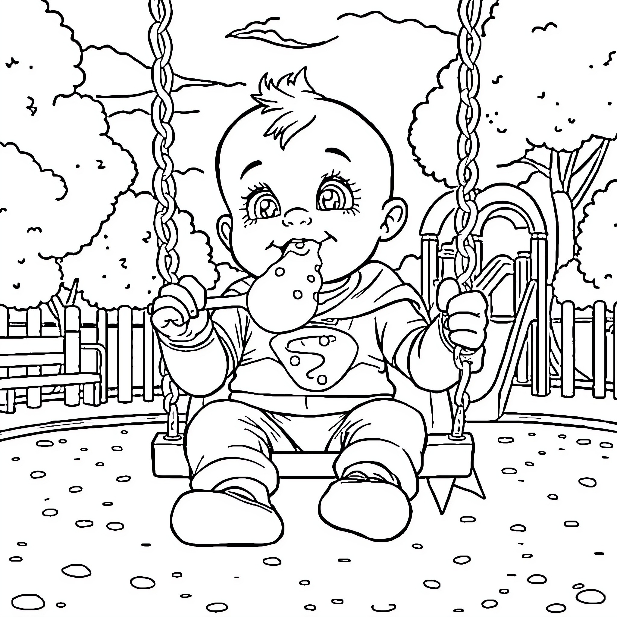 Baby playing happily on the swing Coloring Page (free black-and-white line drawing printable PDF for all, from beginners to advanced learners, including children, teens, adults, and seniors)
