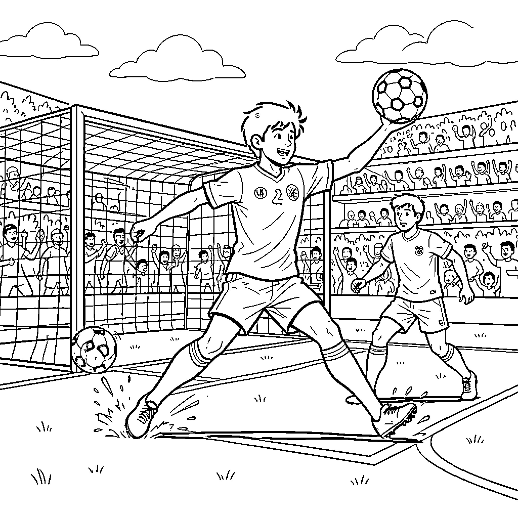 Desiré playing soccer and kicking a ball in a stadium Coloring Page (free black-and-white line drawing printable PDF for all, from beginners to advanced learners, including children, teens, adults, and seniors)