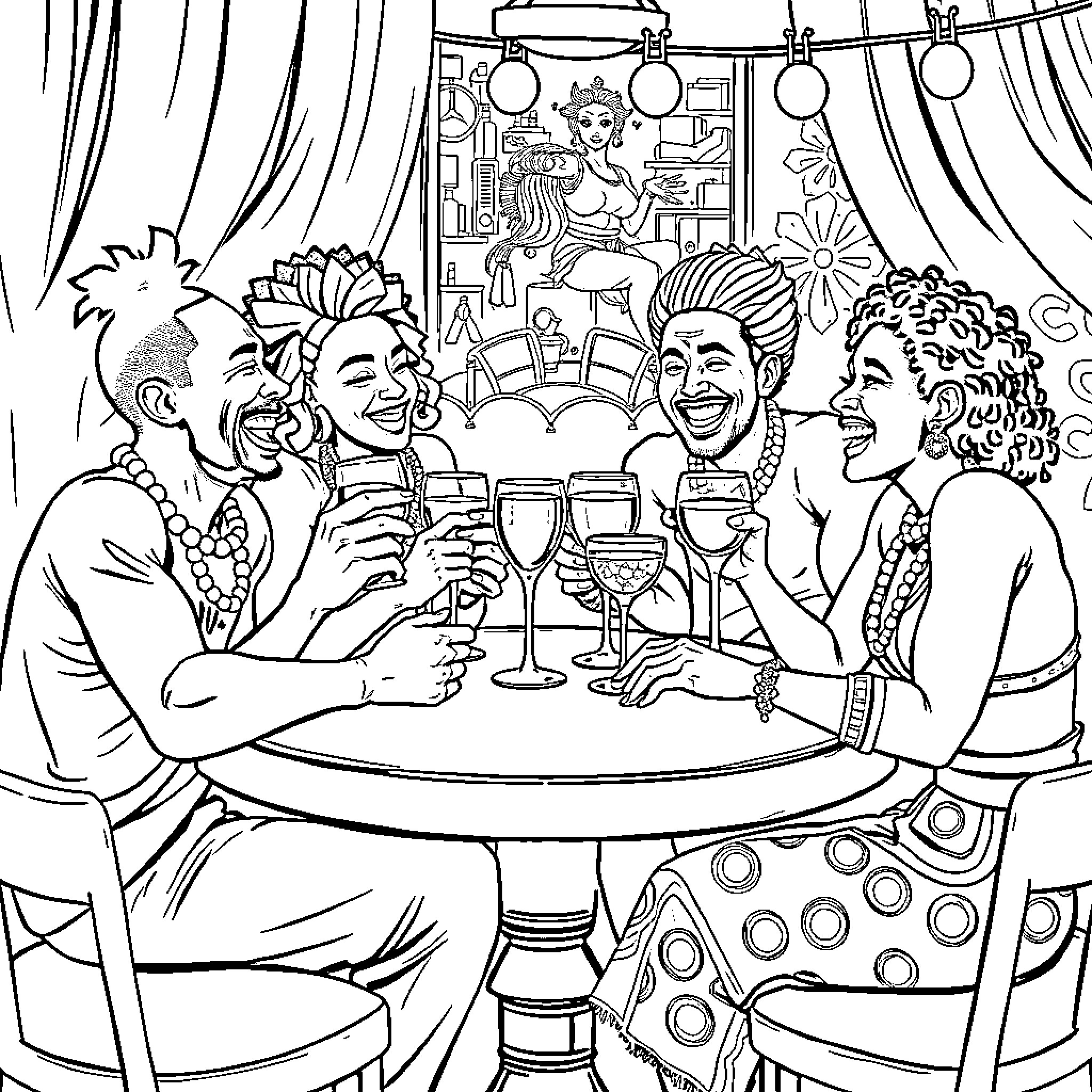Wakanda Characters Celebrating with Drinks and Laughter Coloring Page (free black-and-white line drawing printable PDF for all, from beginners to advanced learners, including children, teens, adults, and seniors)
