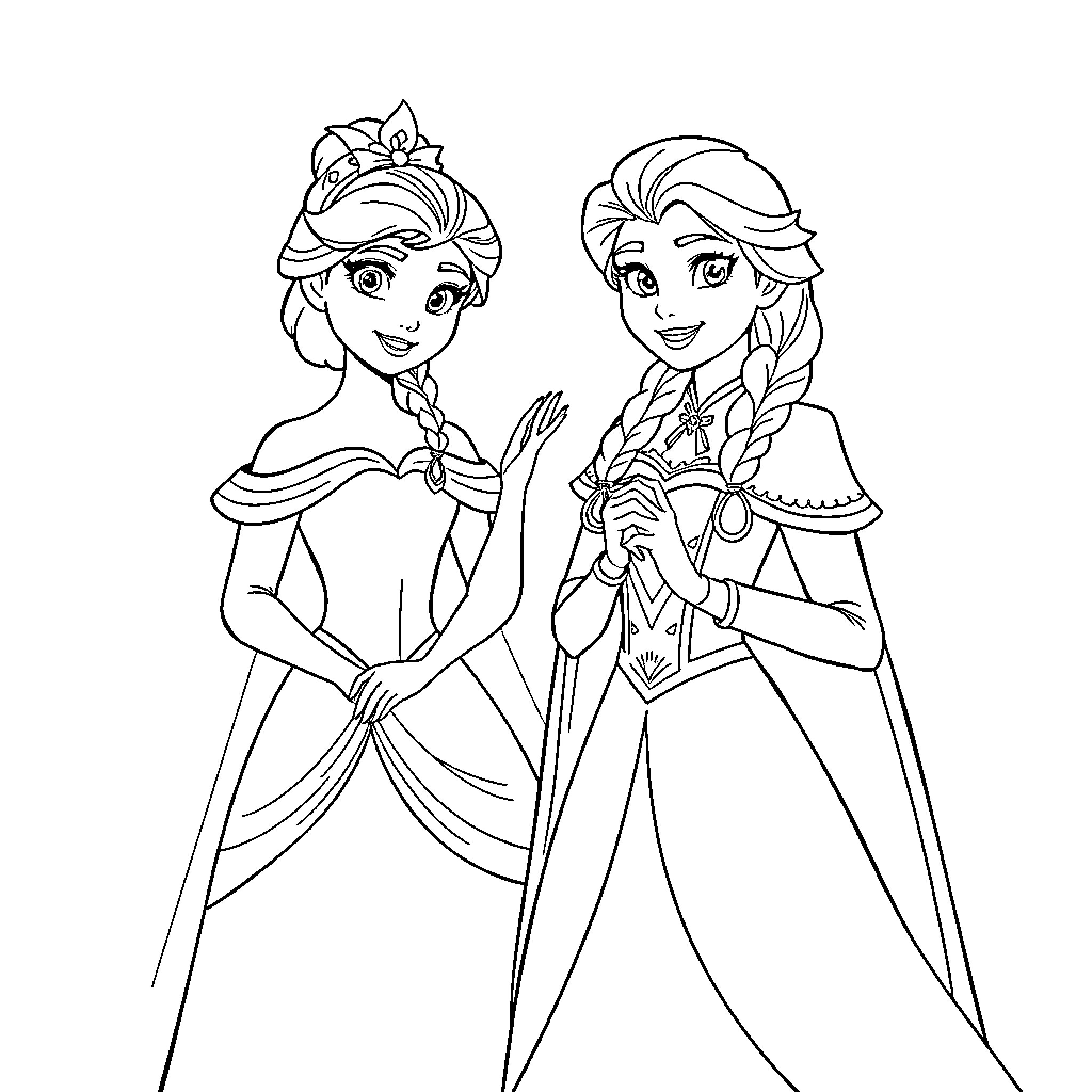 Elsa and Anna in elegant princess dresses Coloring Page (free black-and-white line drawing printable PDF for all, from beginners to advanced learners, including children, teens, adults, and seniors)