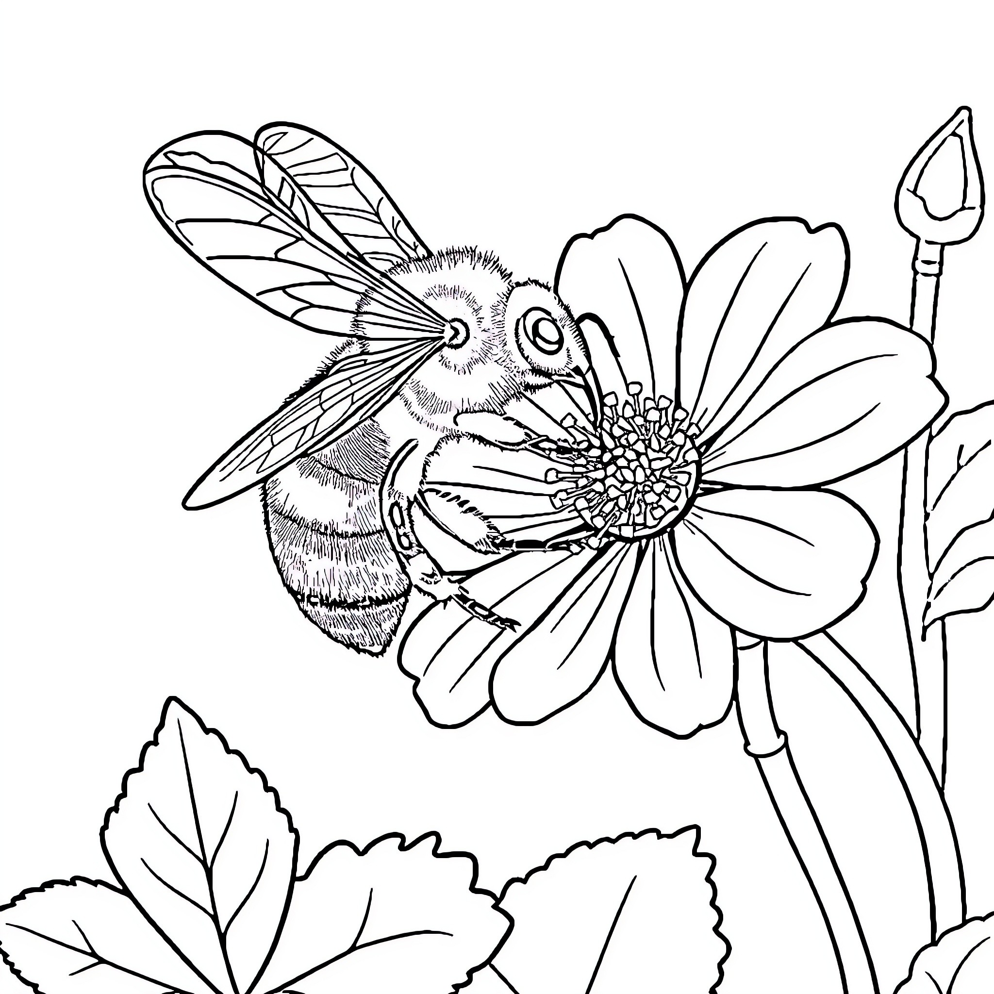 Bee pollinating a vibrant flower Coloring Page (free black-and-white line drawing printable PDF for all, from beginners to advanced learners, including children, teens, adults, and seniors)