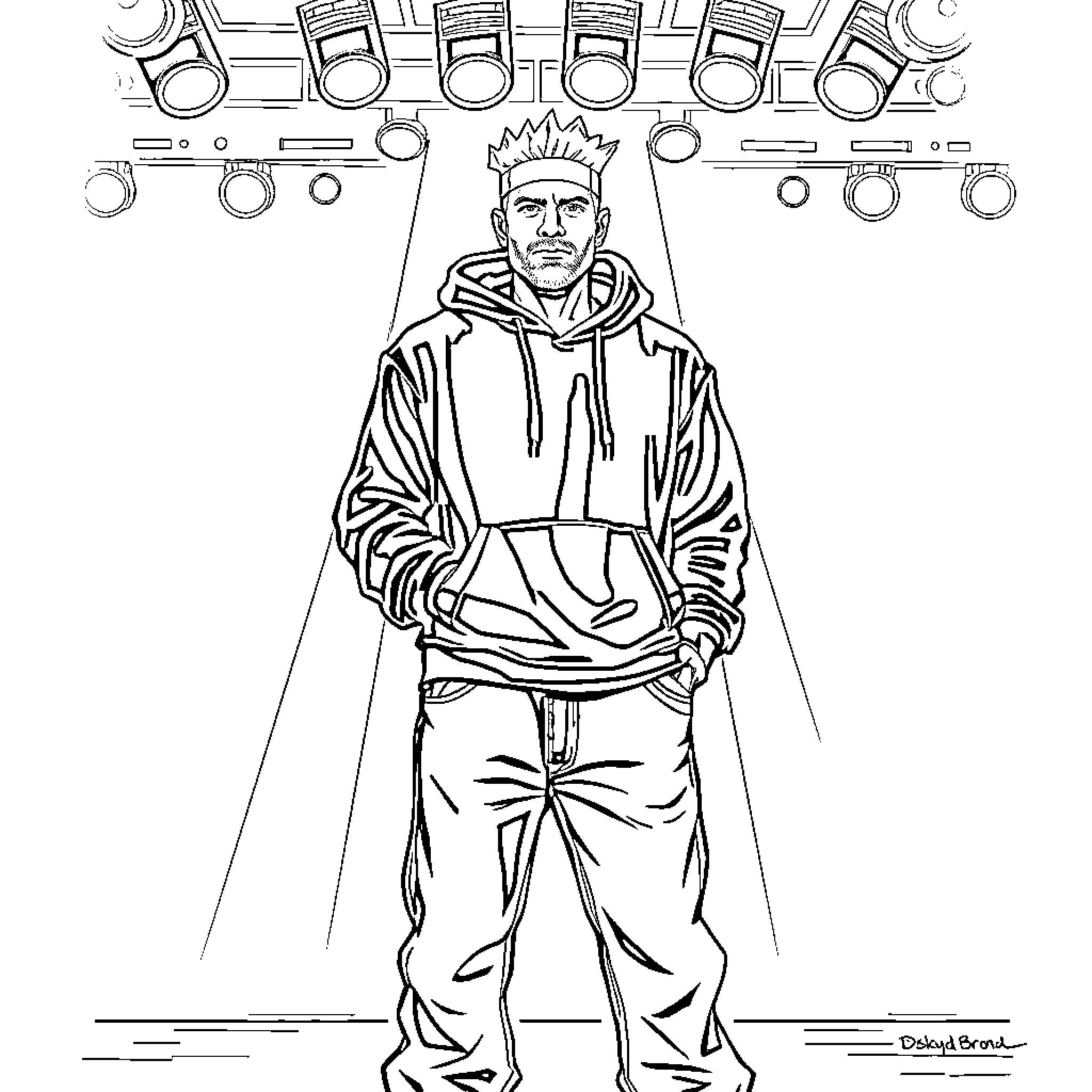 Slim Shady performing on stage with musical notes Coloring Page (free black-and-white line drawing printable PDF for all, from beginners to advanced learners, including children, teens, adults, and seniors)
