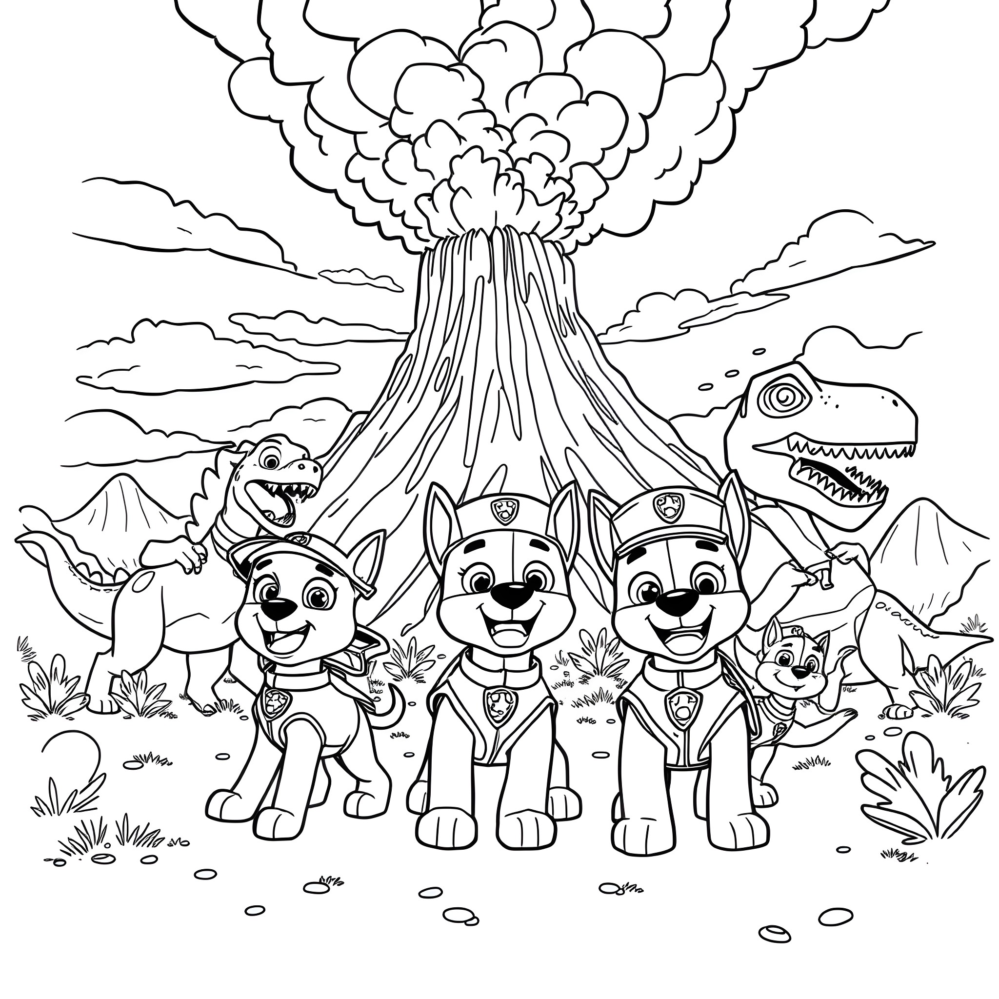 Paw Patrol characters facing an erupting volcano Coloring Page (free black-and-white line drawing printable PDF for all, from beginners to advanced learners, including children, teens, adults, and seniors)