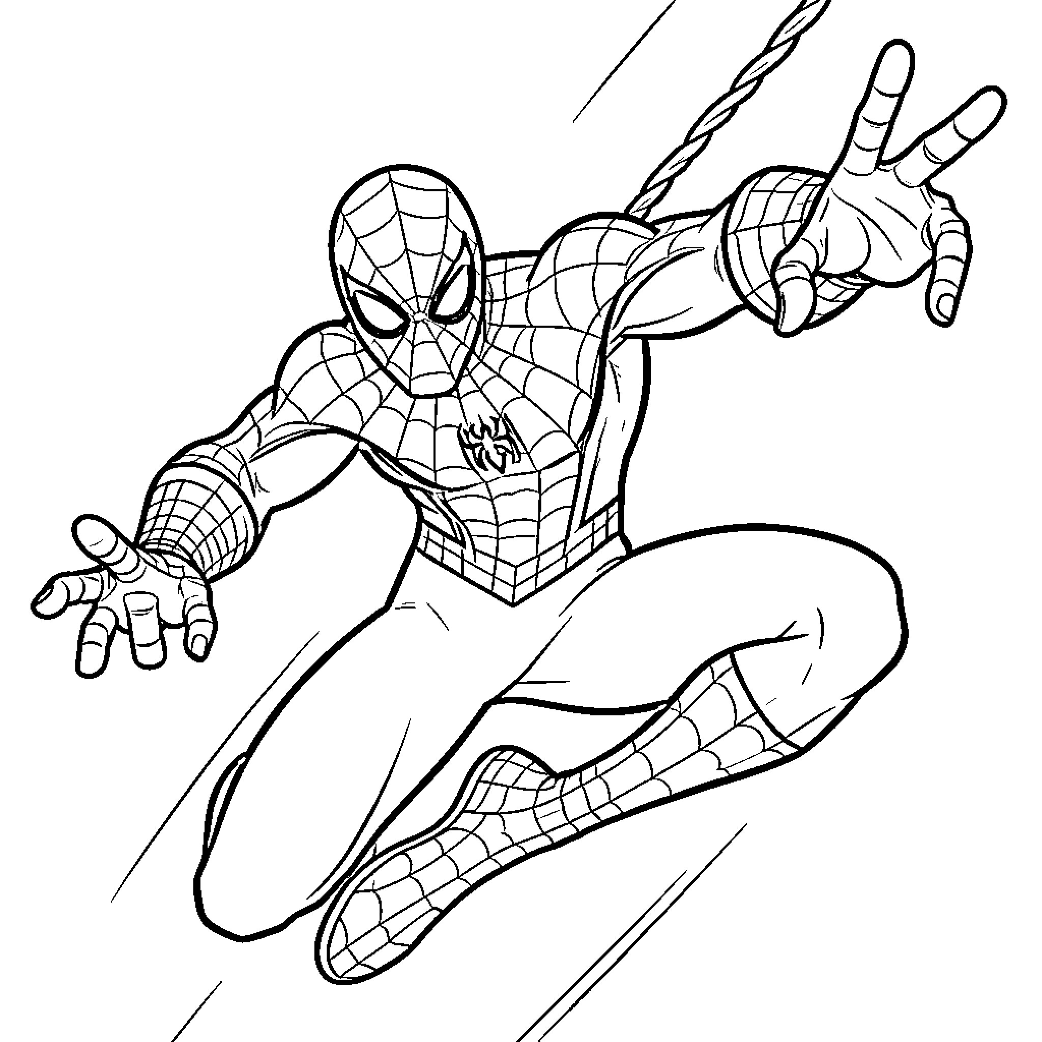 Spiderman swinging through the air in a dynamic pose Coloring Page (free black-and-white line drawing printable PDF for all, from beginners to advanced learners, including children, teens, adults, and seniors)