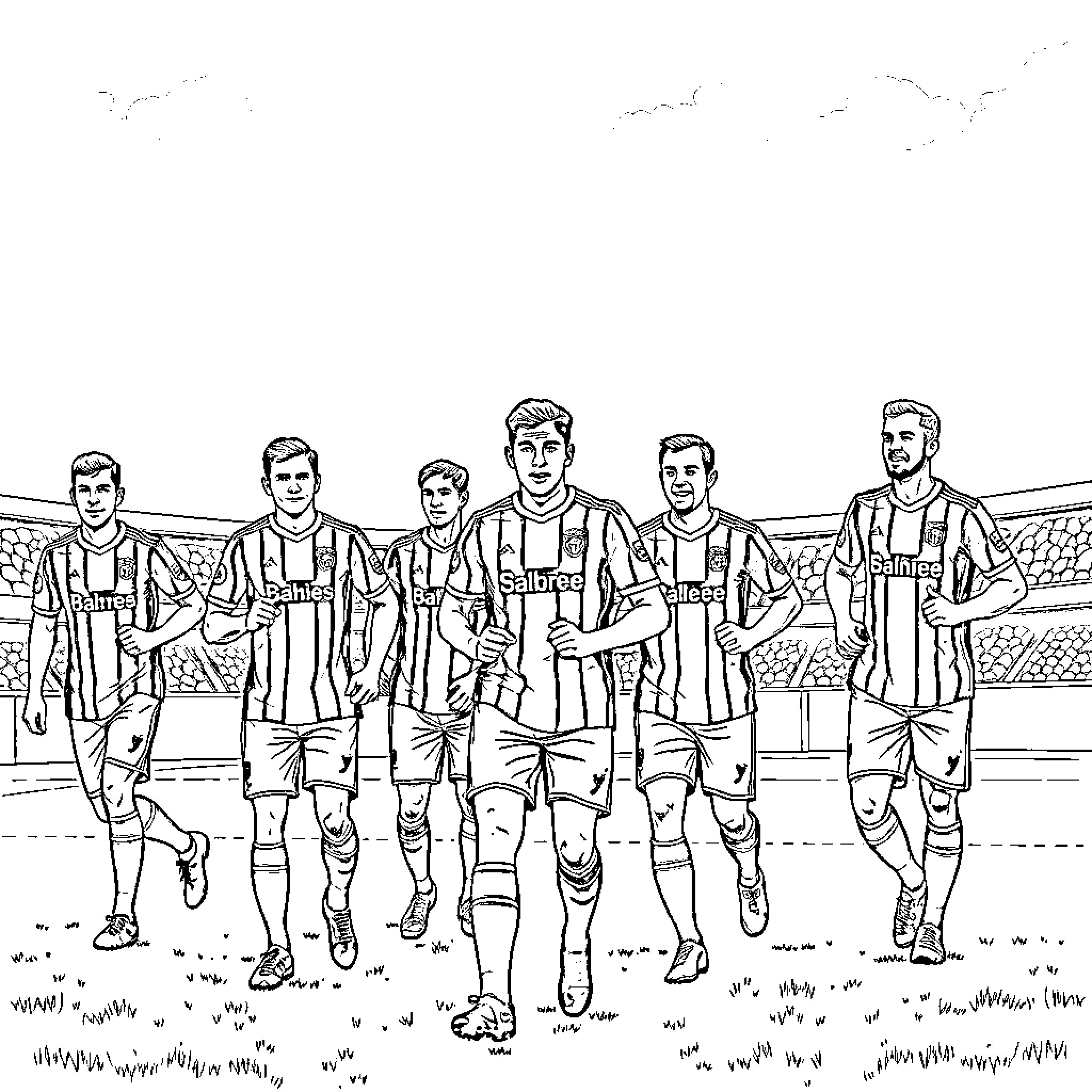 Athletic Bilbao soccer players running on the field Coloring Page (free black-and-white line drawing printable PDF for all, from beginners to advanced learners, including children, teens, adults, and seniors)