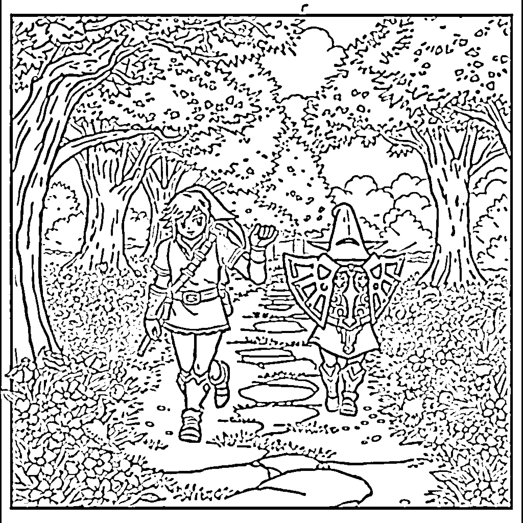 Link Explores the Enchanted Forest Coloring Page (free black-and-white line drawing printable PDF for all, from beginners to advanced learners, including children, teens, adults, and seniors)