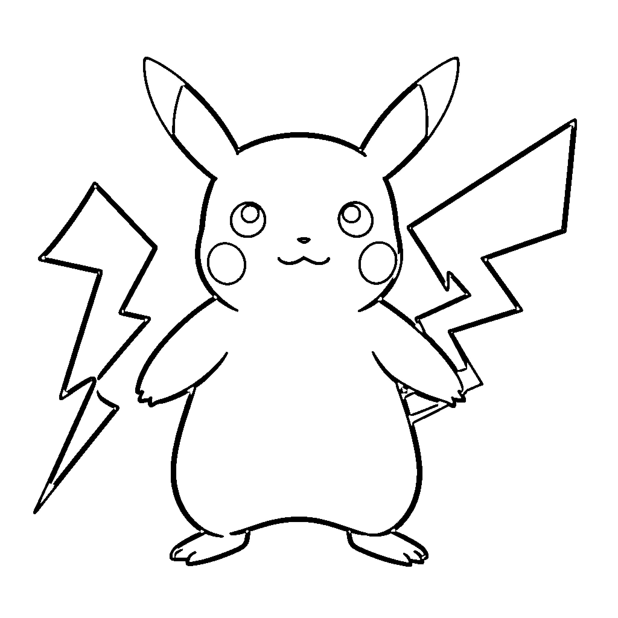 Pikachu standing with lightning bolts in the background Coloring Page (free black-and-white line drawing printable PDF for all, from beginners to advanced learners, including children, teens, adults, and seniors)