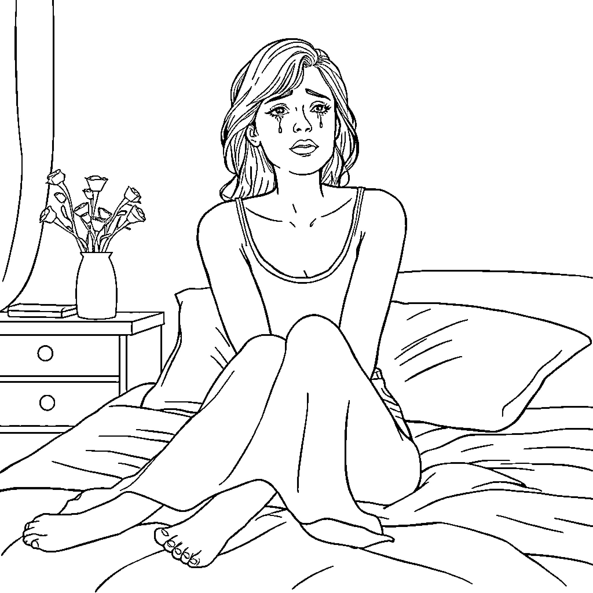 Woman sitting thoughtfully on a bed Coloring Page (free black-and-white line drawing printable PDF for all, from beginners to advanced learners, including children, teens, adults, and seniors)