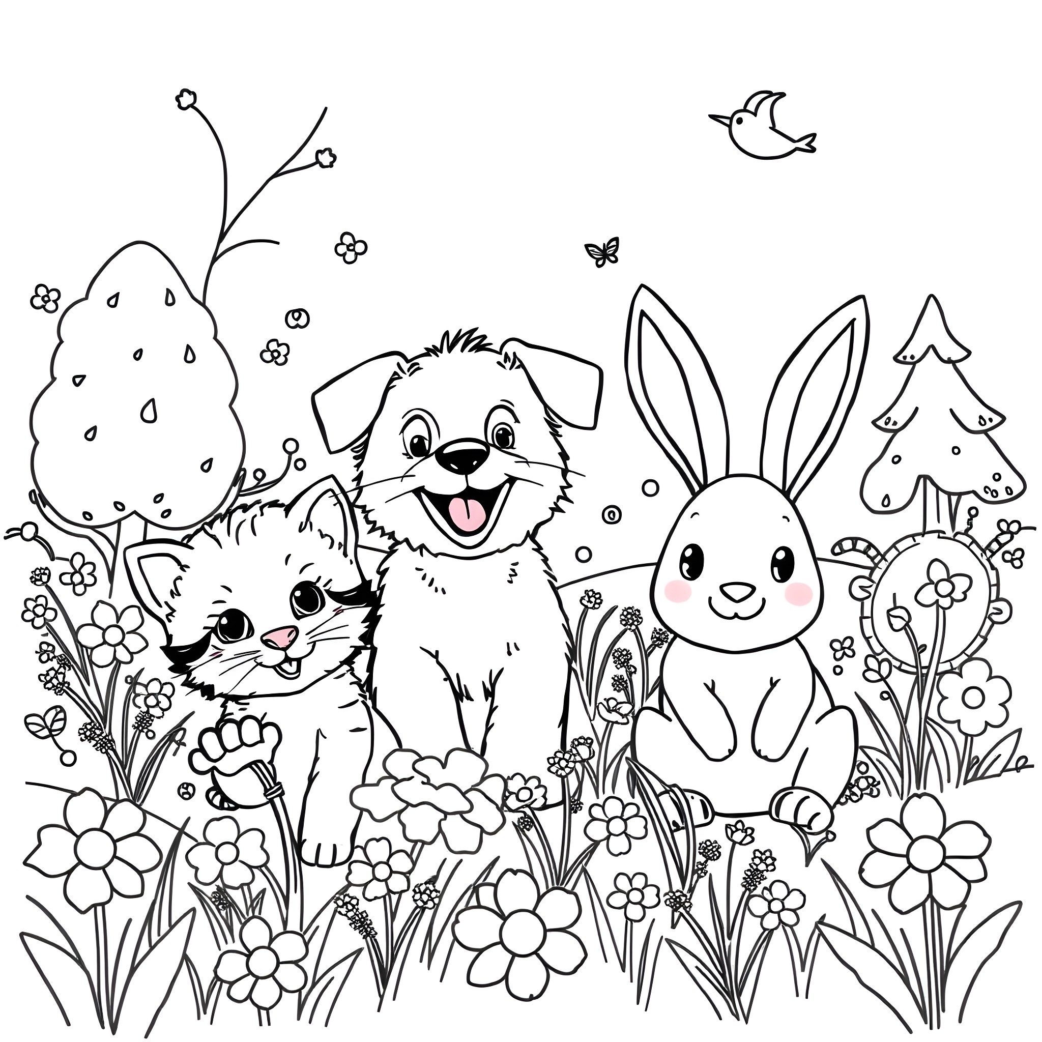Animal friends in a floral garden Coloring Page (free black-and-white line drawing printable PDF for all, from beginners to advanced learners, including children, teens, adults, and seniors)