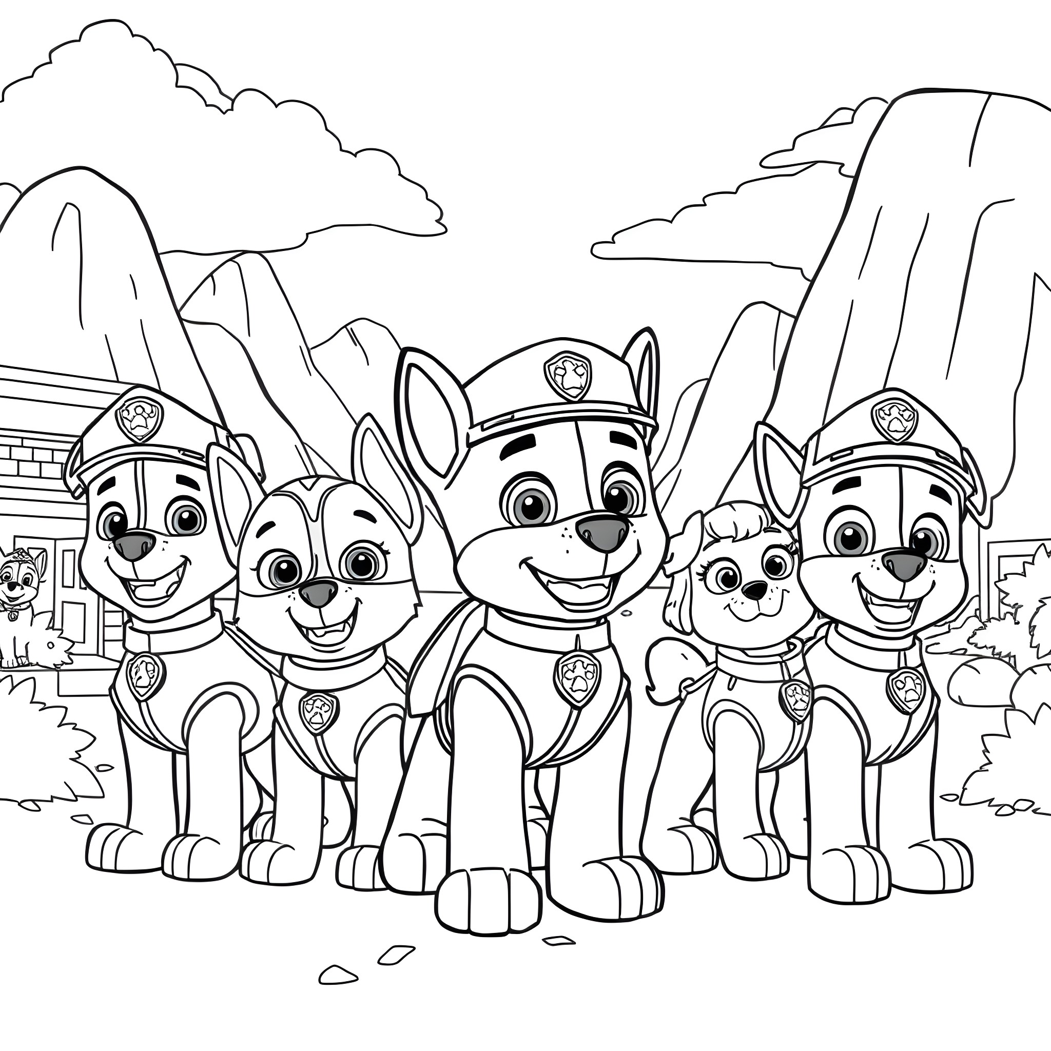 Paw Patrol Pups Exploring in the Wilderness Coloring Page (free black-and-white line drawing printable PDF for all, from beginners to advanced learners, including children, teens, adults, and seniors)