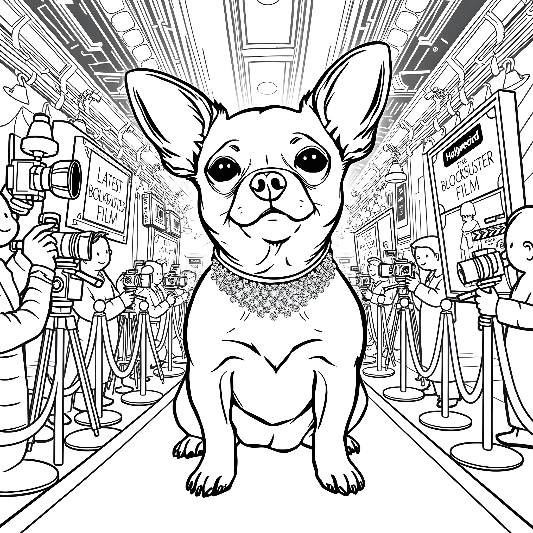 Chihuahua on the Hollywood red carpet Coloring Page (free black-and-white line drawing printable PDF for all, from beginners to advanced learners, including children, teens, adults, and seniors)