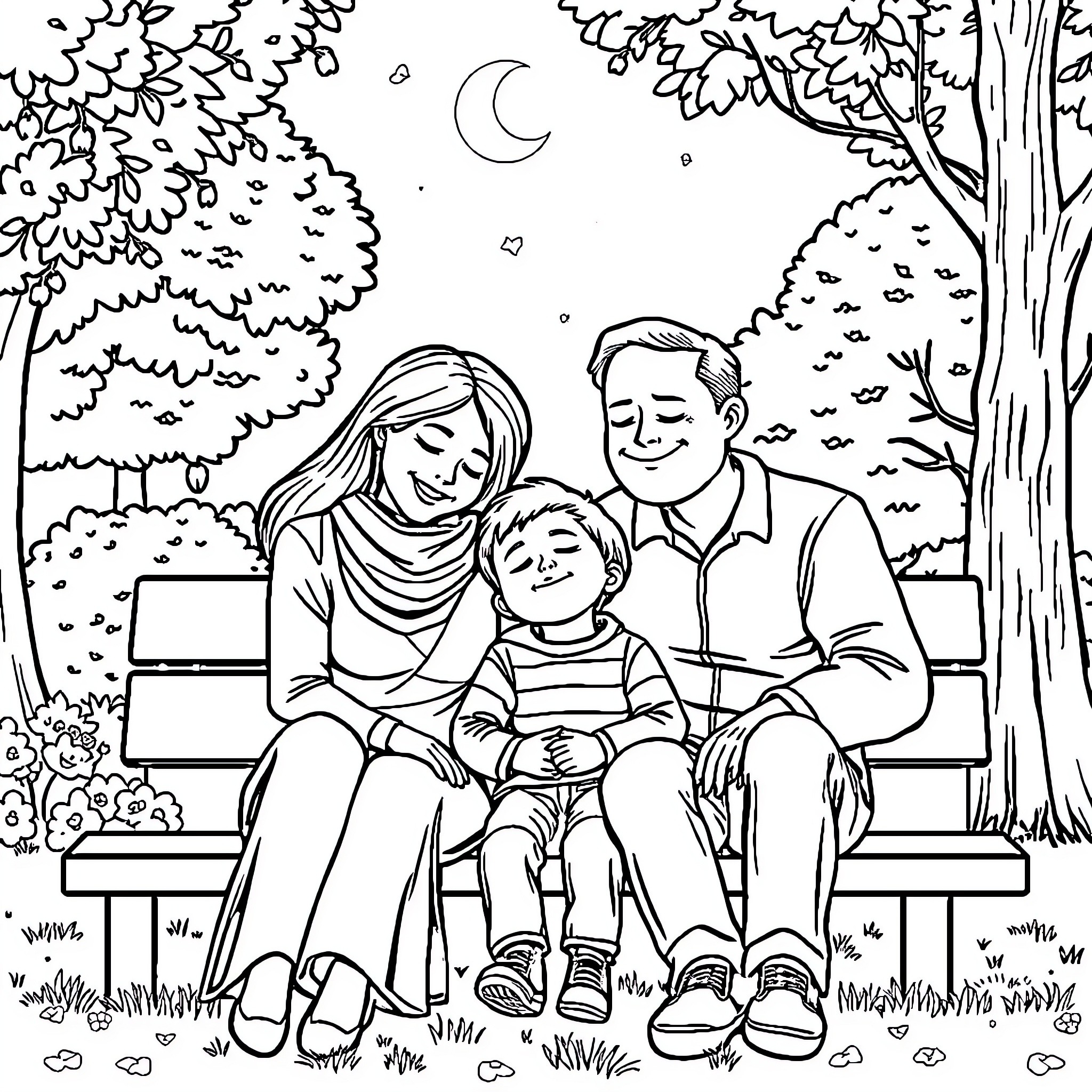 Family enjoying peaceful evening outdoors Coloring Page (free black-and-white line drawing printable PDF for all, from beginners to advanced learners, including children, teens, adults, and seniors)