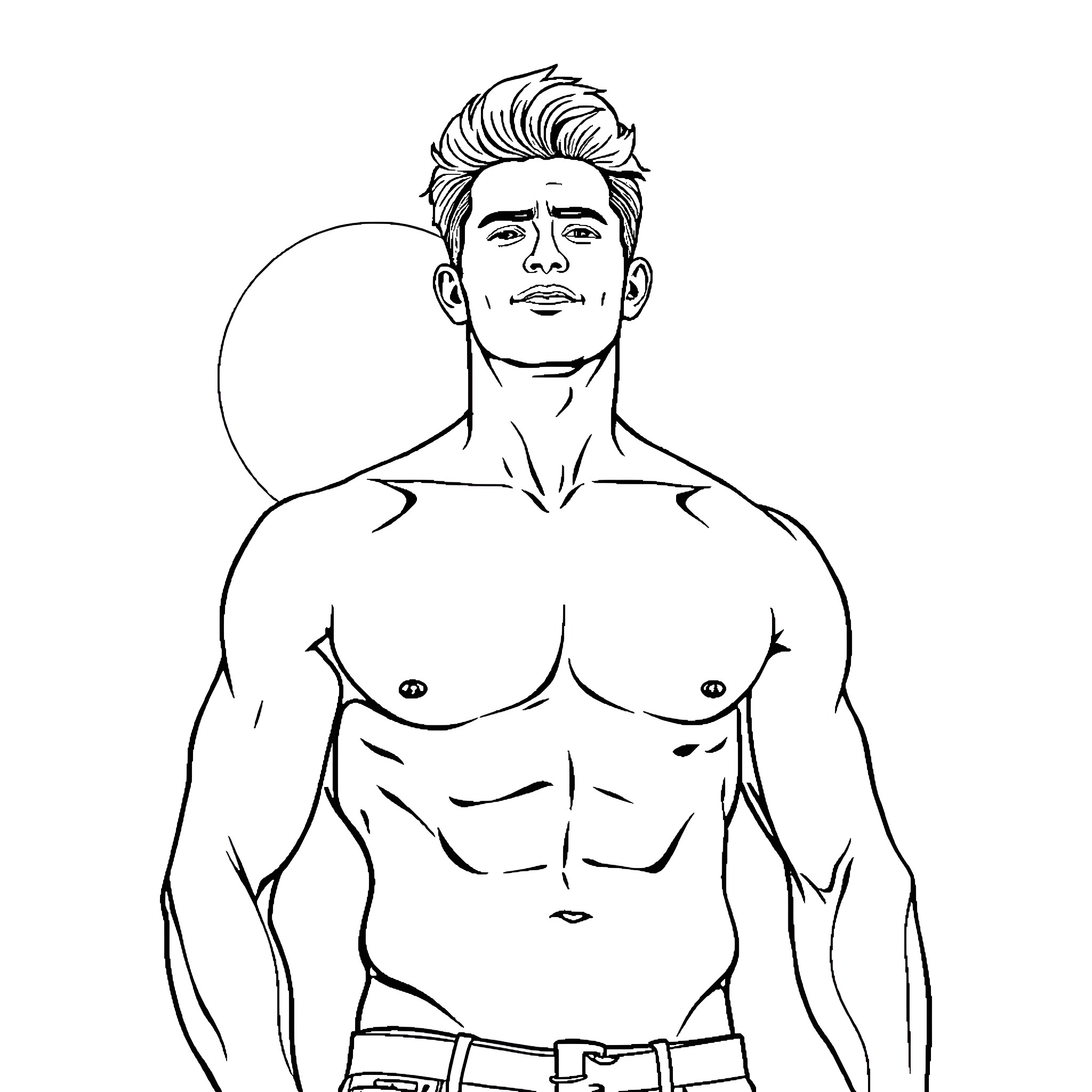 Man with muscular physique and stern expression Coloring Page (free black-and-white line drawing printable PDF for all, from beginners to advanced learners, including children, teens, adults, and seniors)