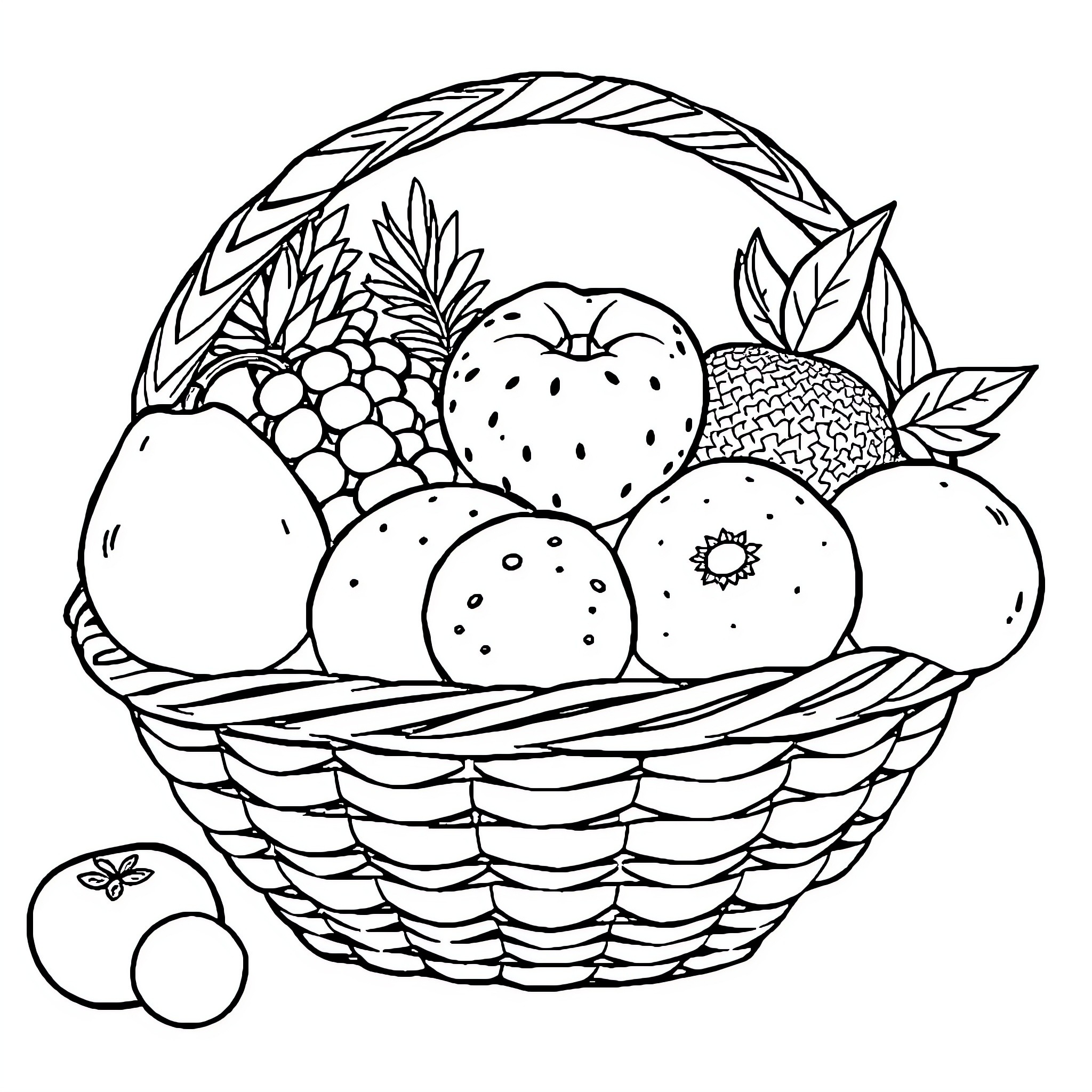 Fruit Basket Filled with Assorted Produce Coloring Page (free black-and-white line drawing printable PDF for all, from beginners to advanced learners, including children, teens, adults, and seniors)