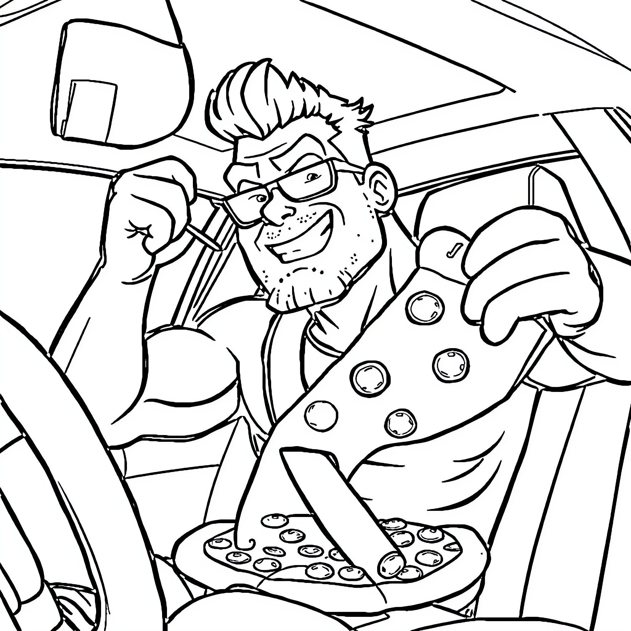 Jonny Bravo driving his car and eating pizza Coloring Page (free black-and-white line drawing printable PDF for all, from beginners to advanced learners, including children, teens, adults, and seniors)