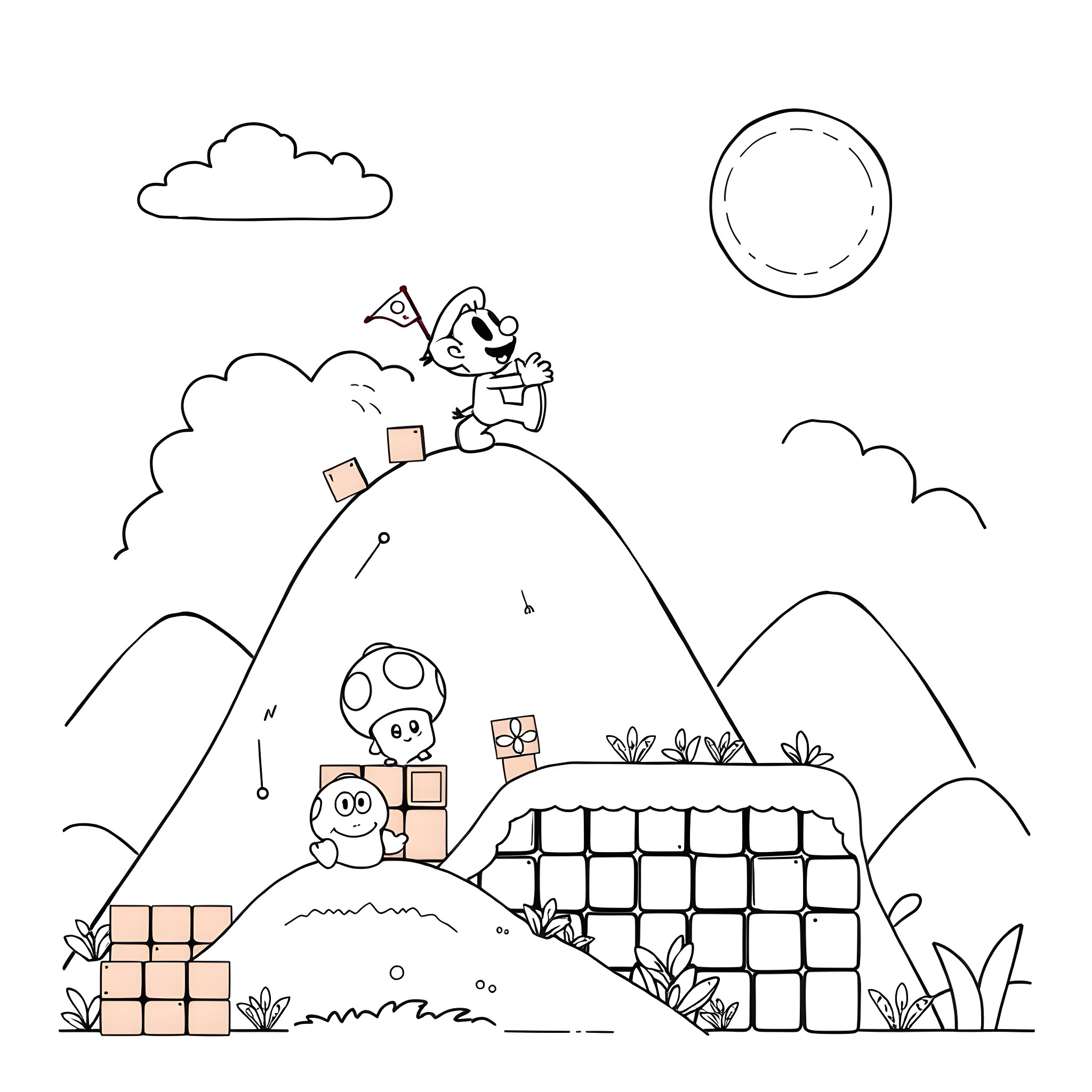 Cuphead's Platforming Adventure in a Whimsical Landscape Coloring Page (free black-and-white line drawing printable PDF for all, from beginners to advanced learners, including children, teens, adults, and seniors)