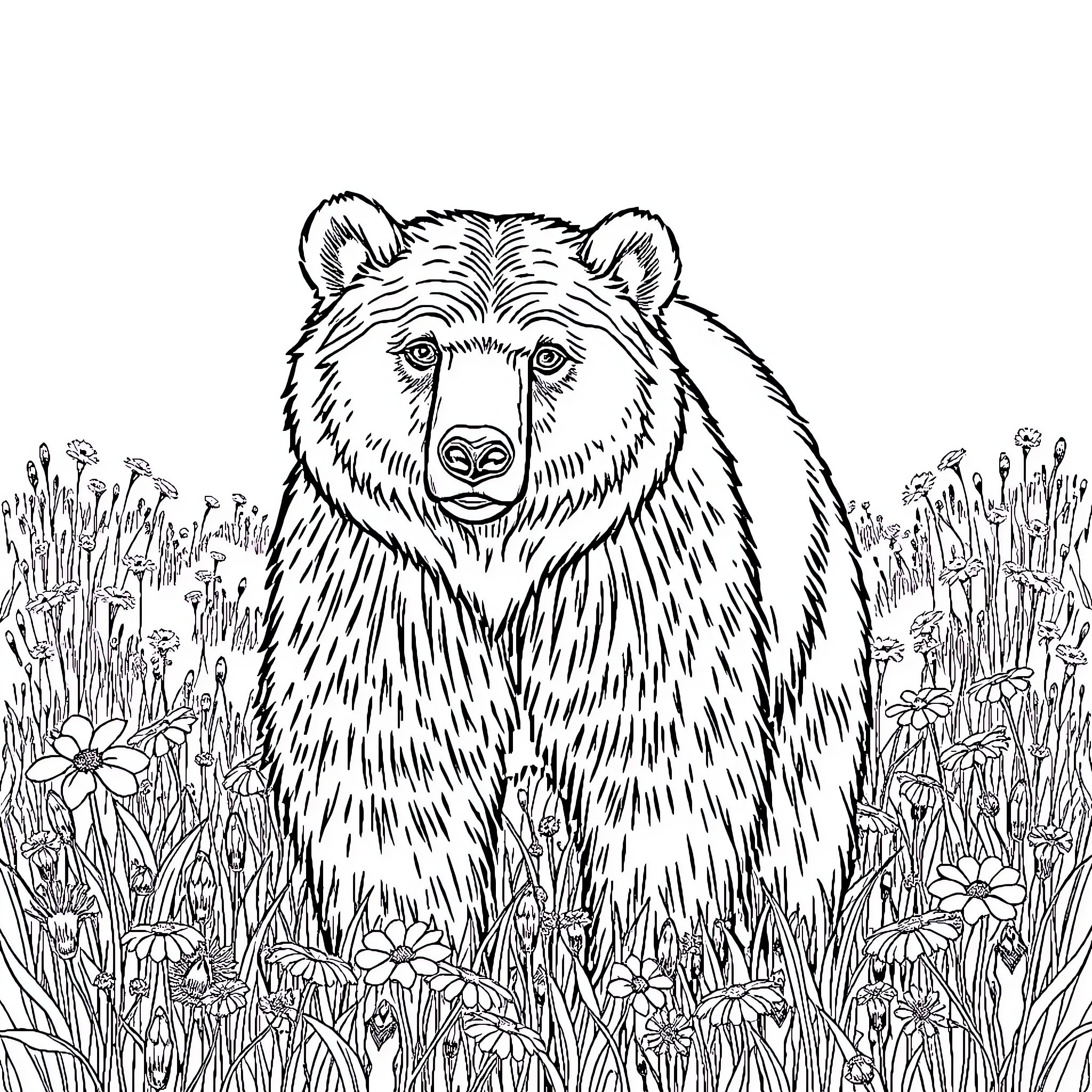 Grizzly Bear in Lush Floral Meadow Coloring Page (free black-and-white line drawing printable PDF for all, from beginners to advanced learners, including children, teens, adults, and seniors)