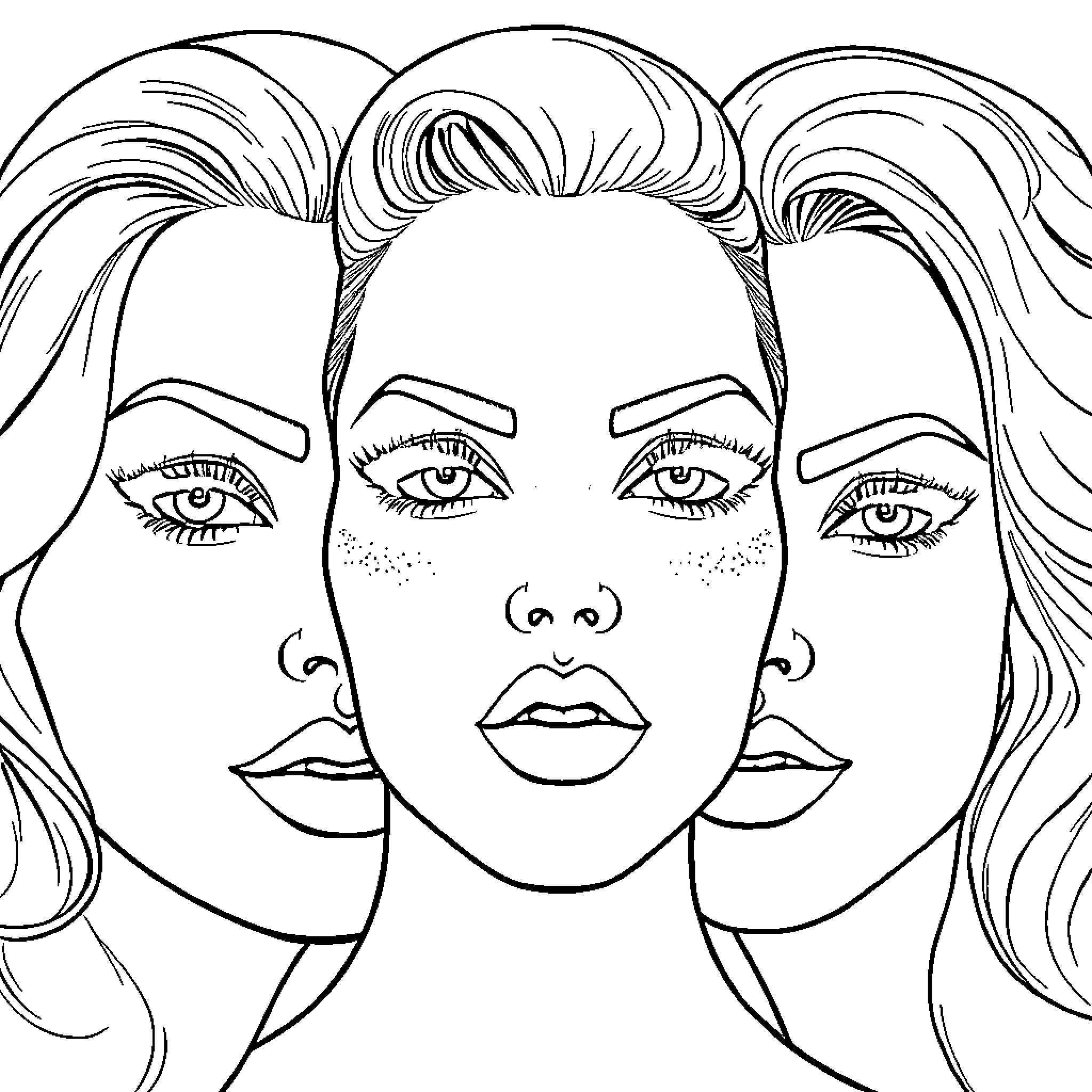 Celebrity trio with dramatic hairstyles Coloring Page (free black-and-white line drawing printable PDF for all, from beginners to advanced learners, including children, teens, adults, and seniors)