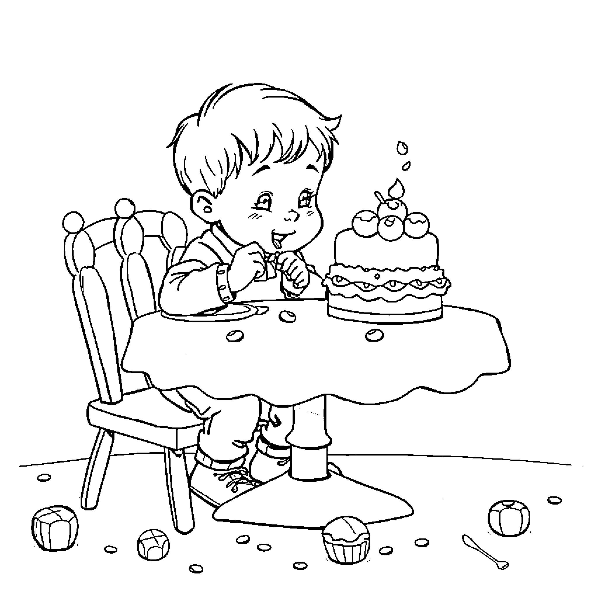 Garçon enjoys delightful birthday celebration Coloring Page (free black-and-white line drawing printable PDF for all, from beginners to advanced learners, including children, teens, adults, and seniors)