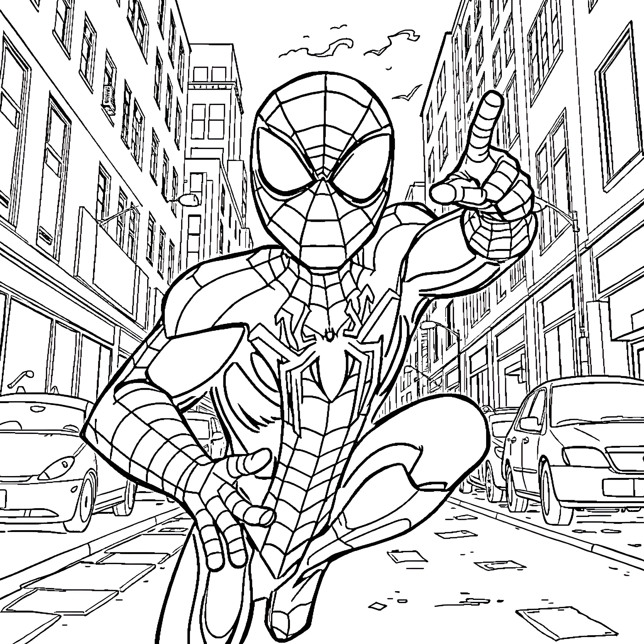 Spider-Man swinging through the city on patrol Coloring Page (free black-and-white line drawing printable PDF for all, from beginners to advanced learners, including children, teens, adults, and seniors)
