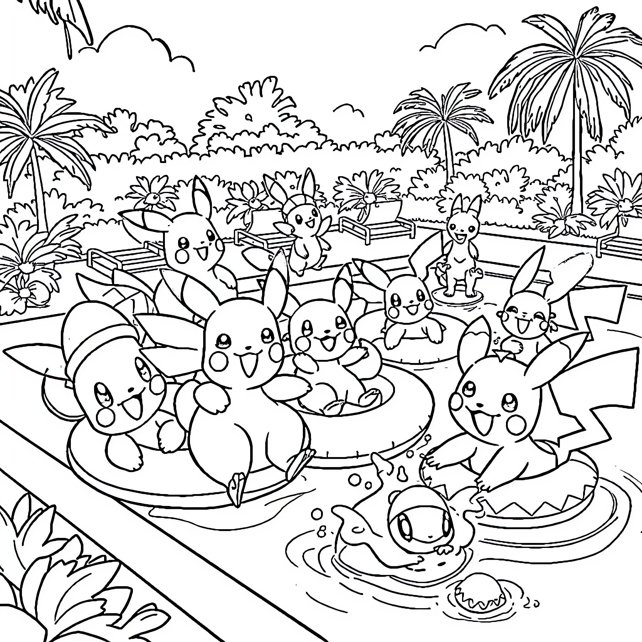 Pokémon enjoying a tropical adventure Coloring Page (free black-and-white line drawing printable PDF for all, from beginners to advanced learners, including children, teens, adults, and seniors)