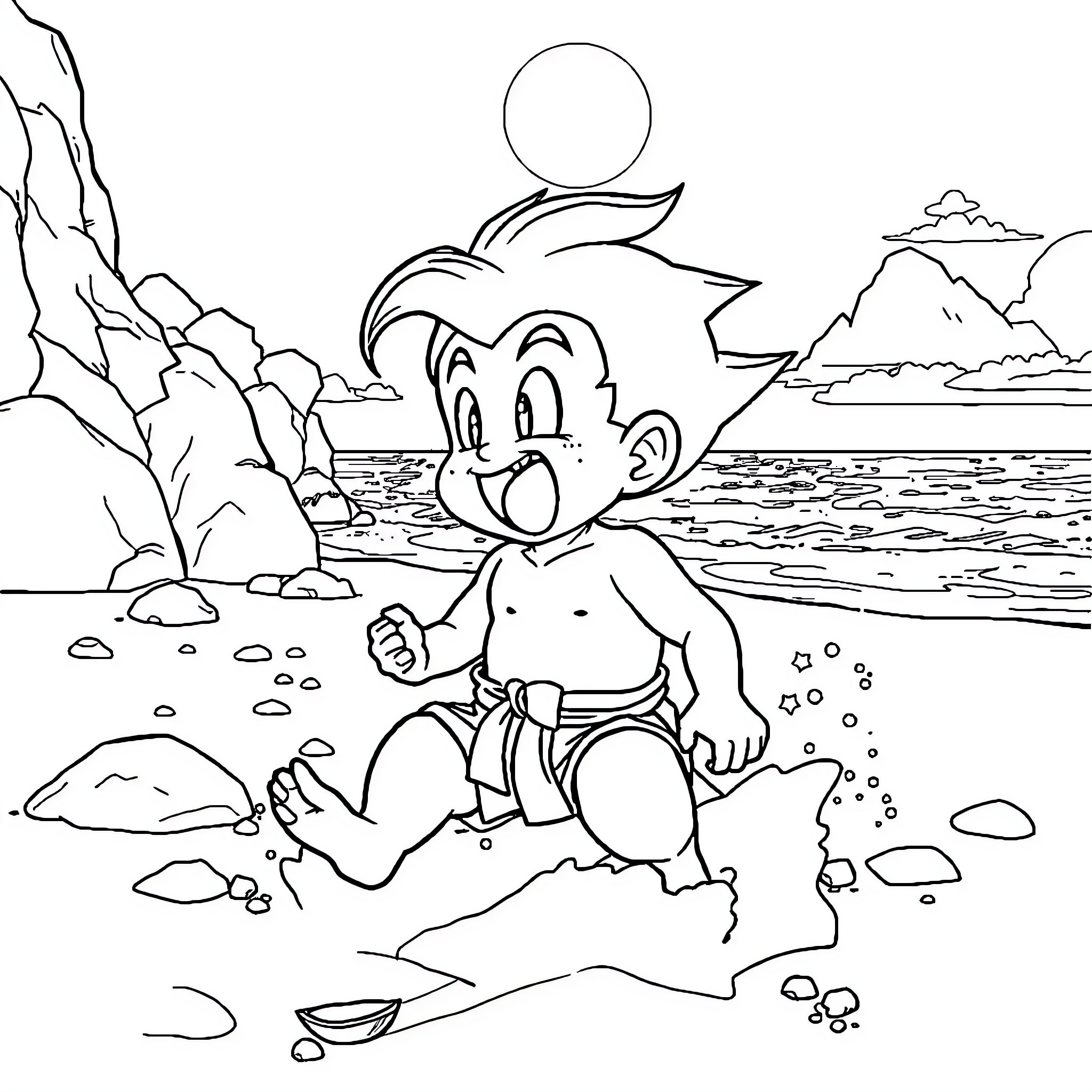 Gohan playing at the beach Coloring Page (free black-and-white line drawing printable PDF for all, from beginners to advanced learners, including children, teens, adults, and seniors)