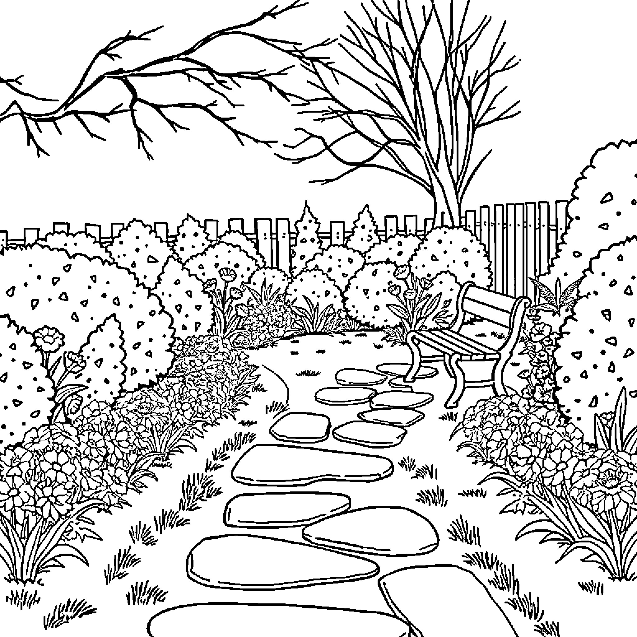 Garden path leading through a lush landscape Coloring Page (free black-and-white line drawing printable PDF for all, from beginners to advanced learners, including children, teens, adults, and seniors)