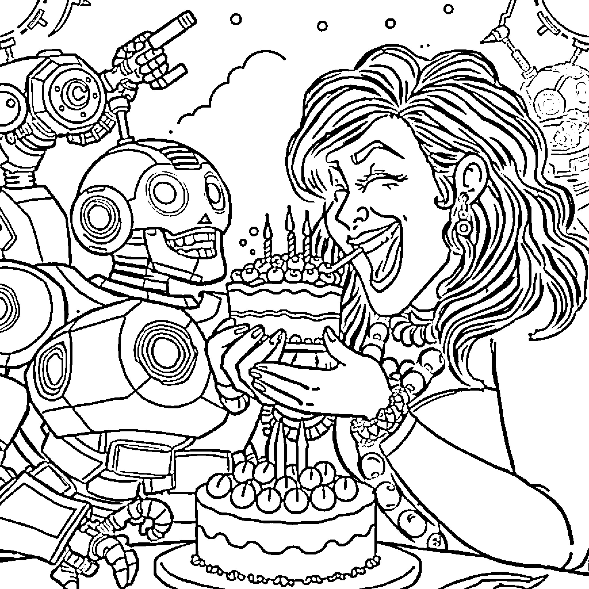 Jason Momoa celebrates birthday with mechanical robot Coloring Page (free black-and-white line drawing printable PDF for all, from beginners to advanced learners, including children, teens, adults, and seniors)