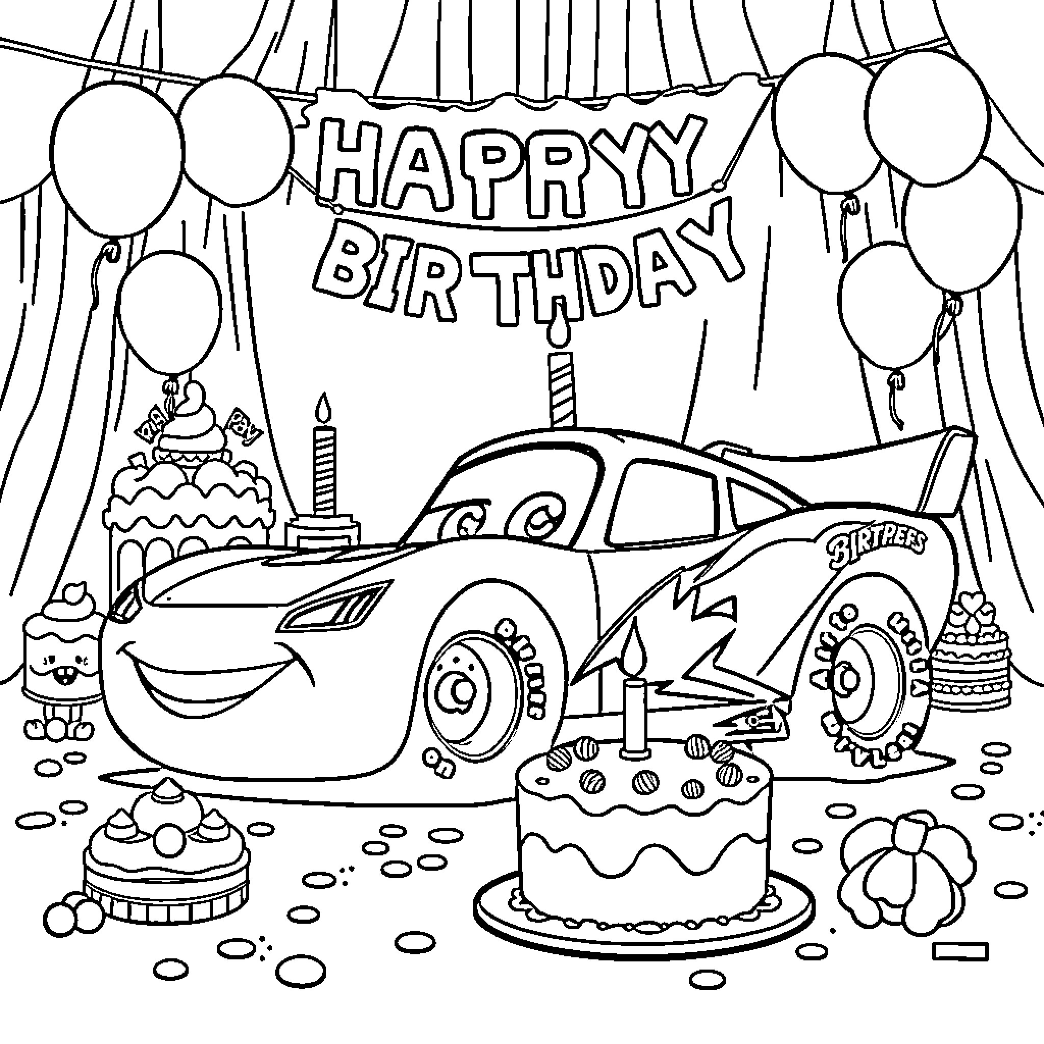 Lightning McQueen celebrates a happy birthday Coloring Page (free black-and-white line drawing printable PDF for all, from beginners to advanced learners, including children, teens, adults, and seniors)