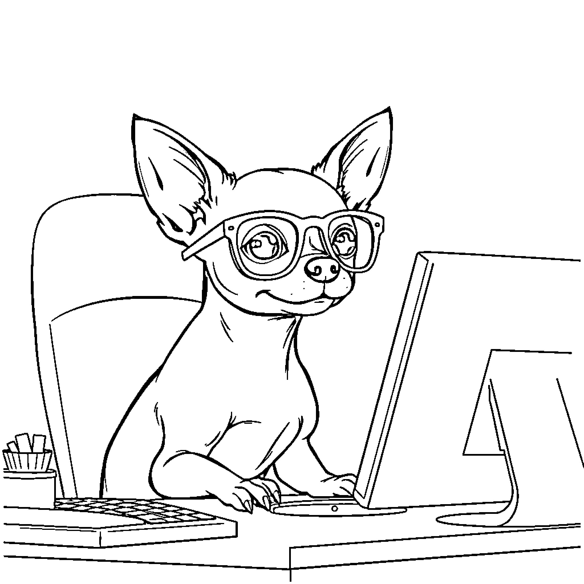 Chihuahua using computer with big glasses Coloring Page (free black-and-white line drawing printable PDF for all, from beginners to advanced learners, including children, teens, adults, and seniors)