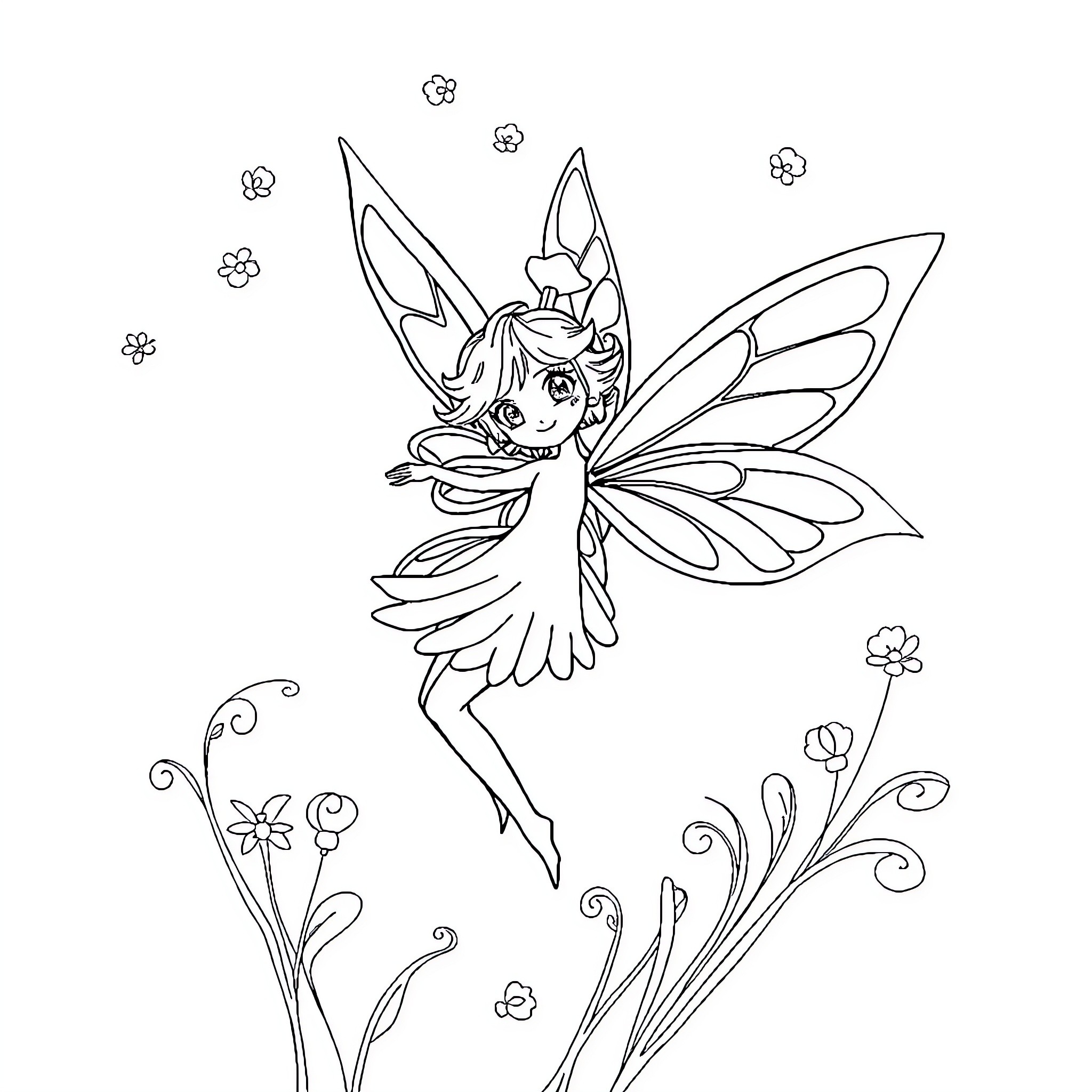 Fairy flying amidst whimsical flowers Coloring Page (free black-and-white line drawing printable PDF for all, from beginners to advanced learners, including children, teens, adults, and seniors)