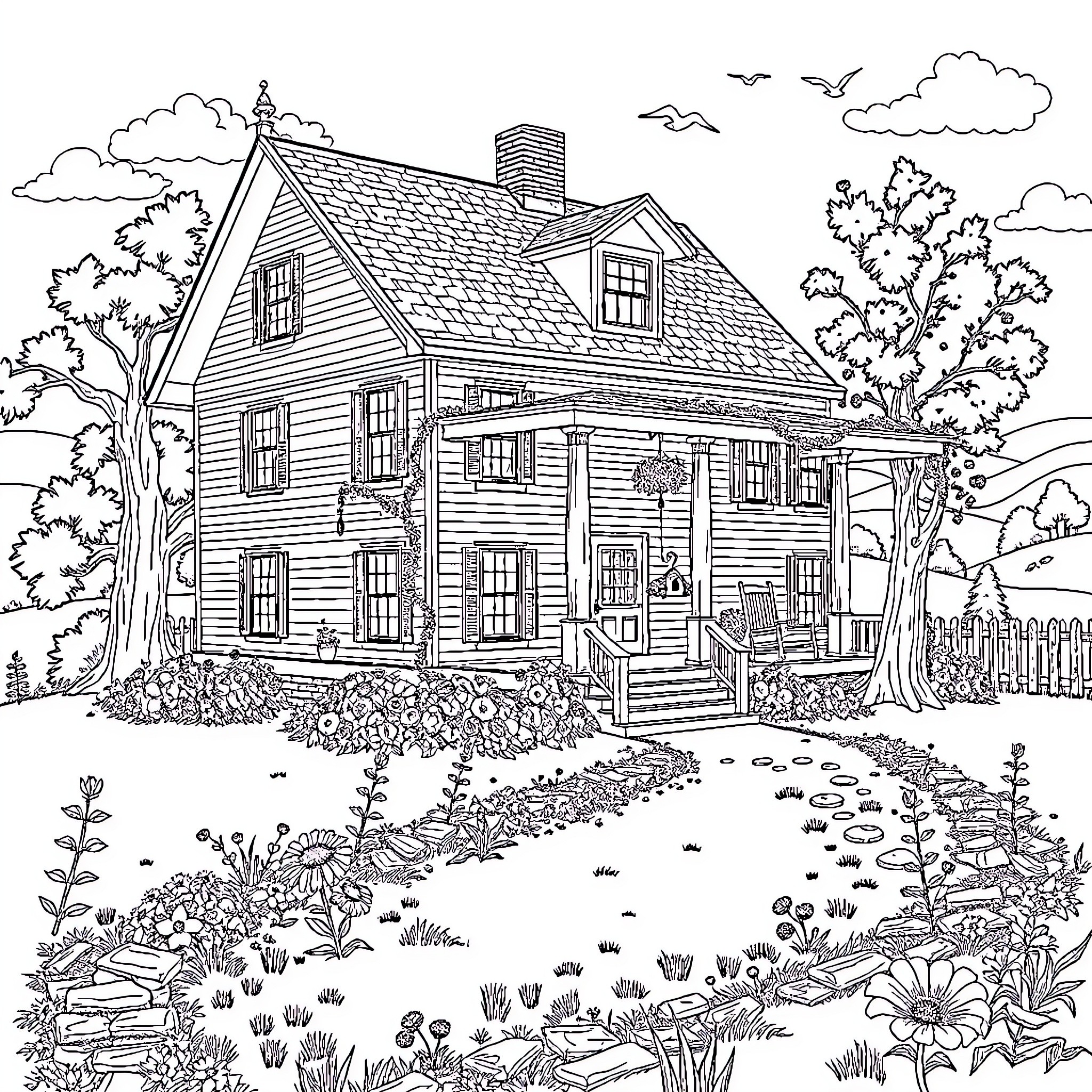 House with Detailed Garden Scenery Coloring Page (free black-and-white line drawing printable PDF for all, from beginners to advanced learners, including children, teens, adults, and seniors)