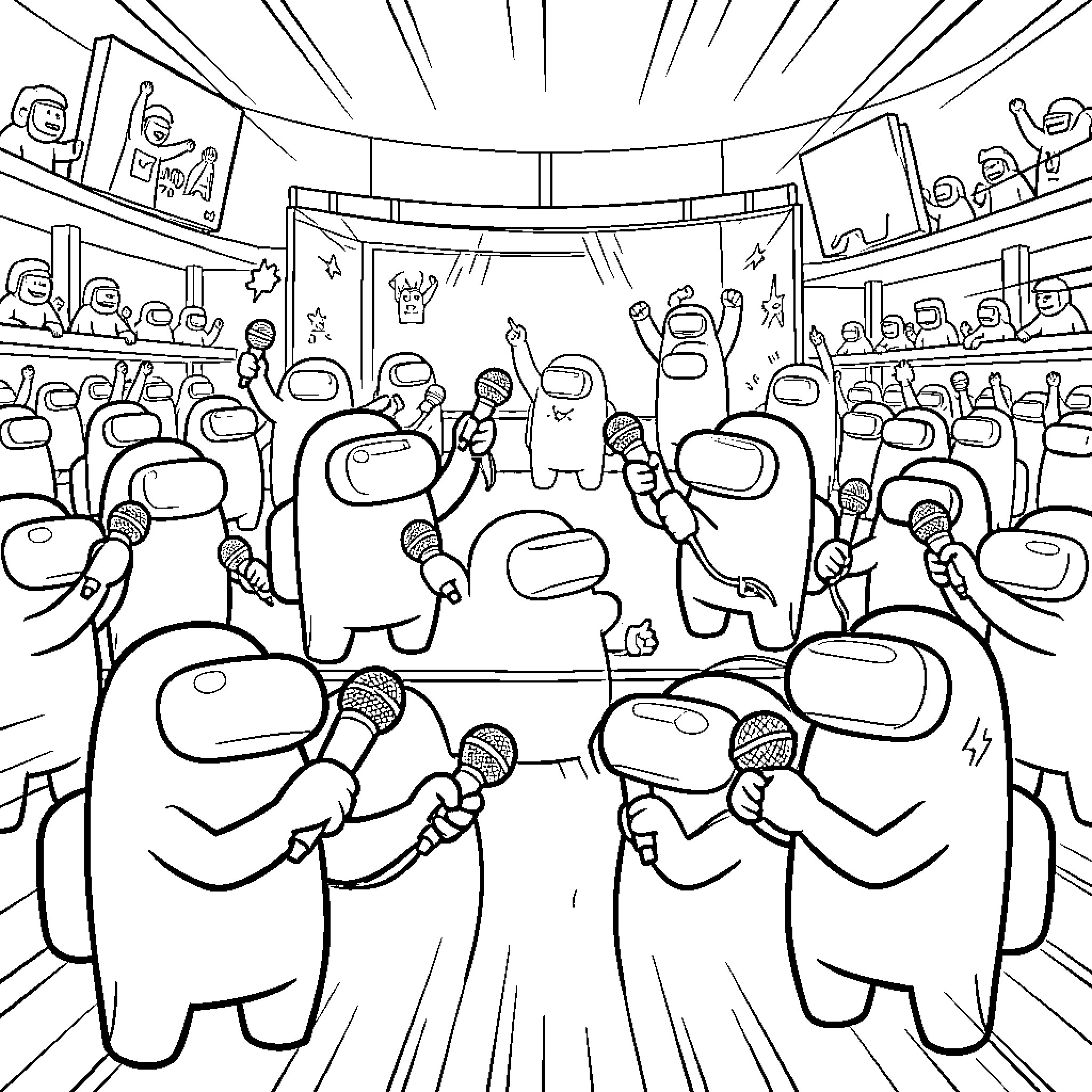 Among Us characters performing on a concert stage Coloring Page (free black-and-white line drawing printable PDF for all, from beginners to advanced learners, including children, teens, adults, and seniors)