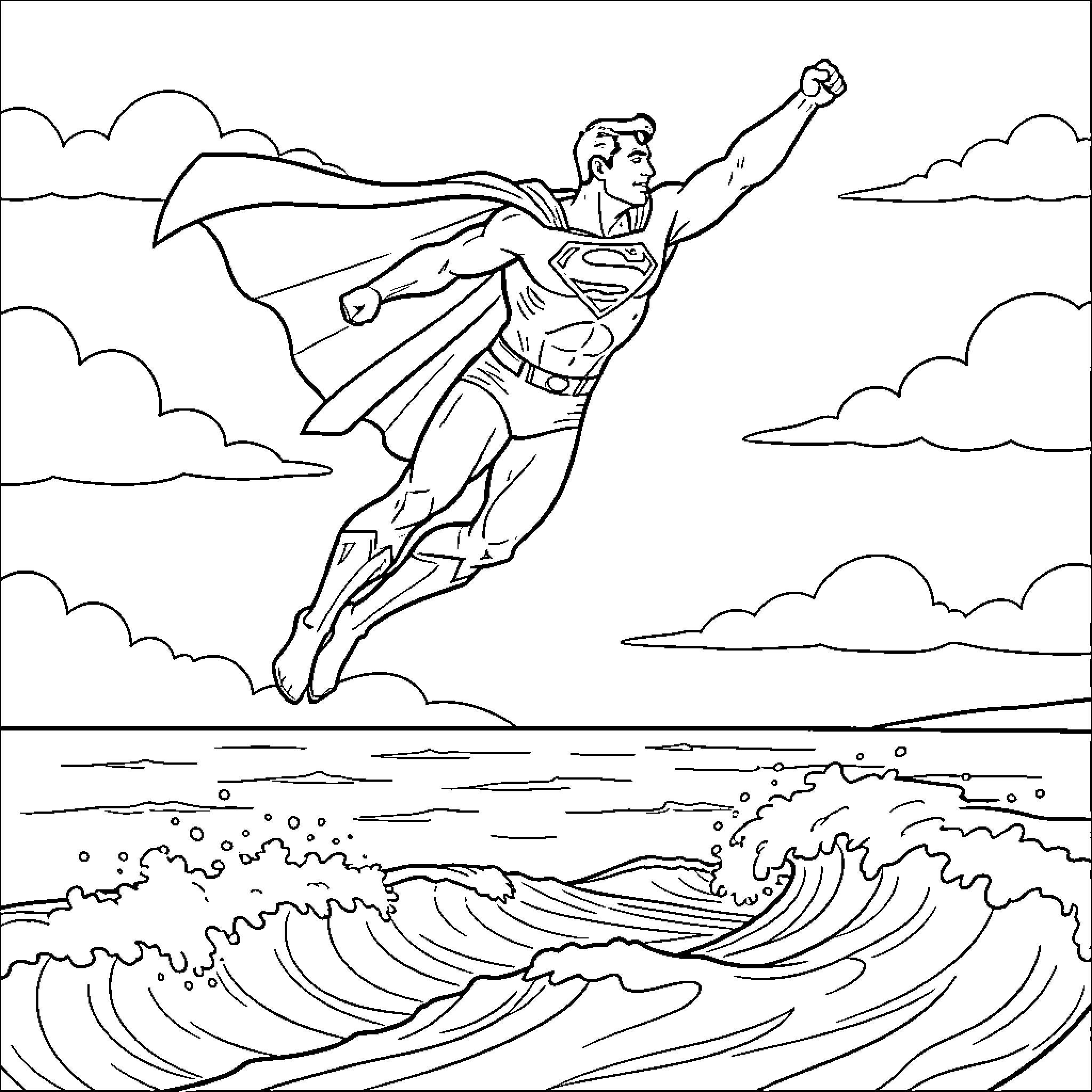 Superman heroically flies over crashing waves Coloring Page (free black-and-white line drawing printable PDF for all, from beginners to advanced learners, including children, teens, adults, and seniors)