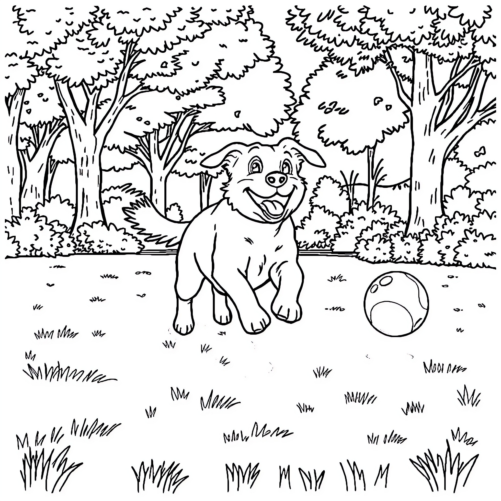Dog playing happily with ball in the forest Coloring Page (free black-and-white line drawing printable PDF for all, from beginners to advanced learners, including children, teens, adults, and seniors)