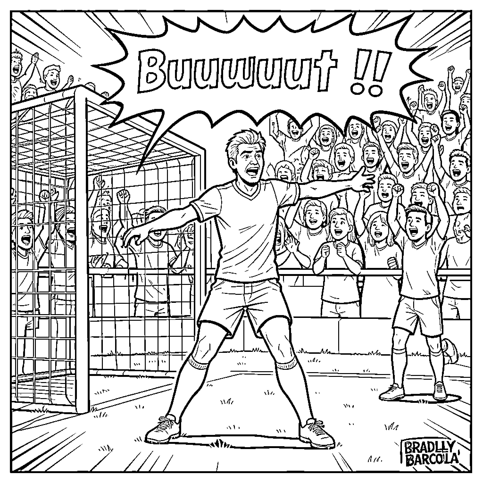 Bradley Barcola celebrating a goal in front of cheering fans Coloring Page (free black-and-white line drawing printable PDF for all, from beginners to advanced learners, including children, teens, adults, and seniors)