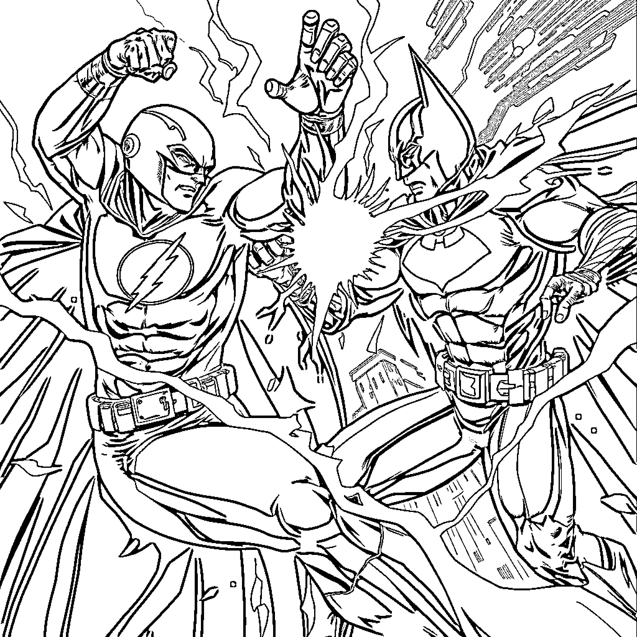 Flash of Epic Superheroes' Clash Coloring Page (free black-and-white line drawing printable PDF for all, from beginners to advanced learners, including children, teens, adults, and seniors)