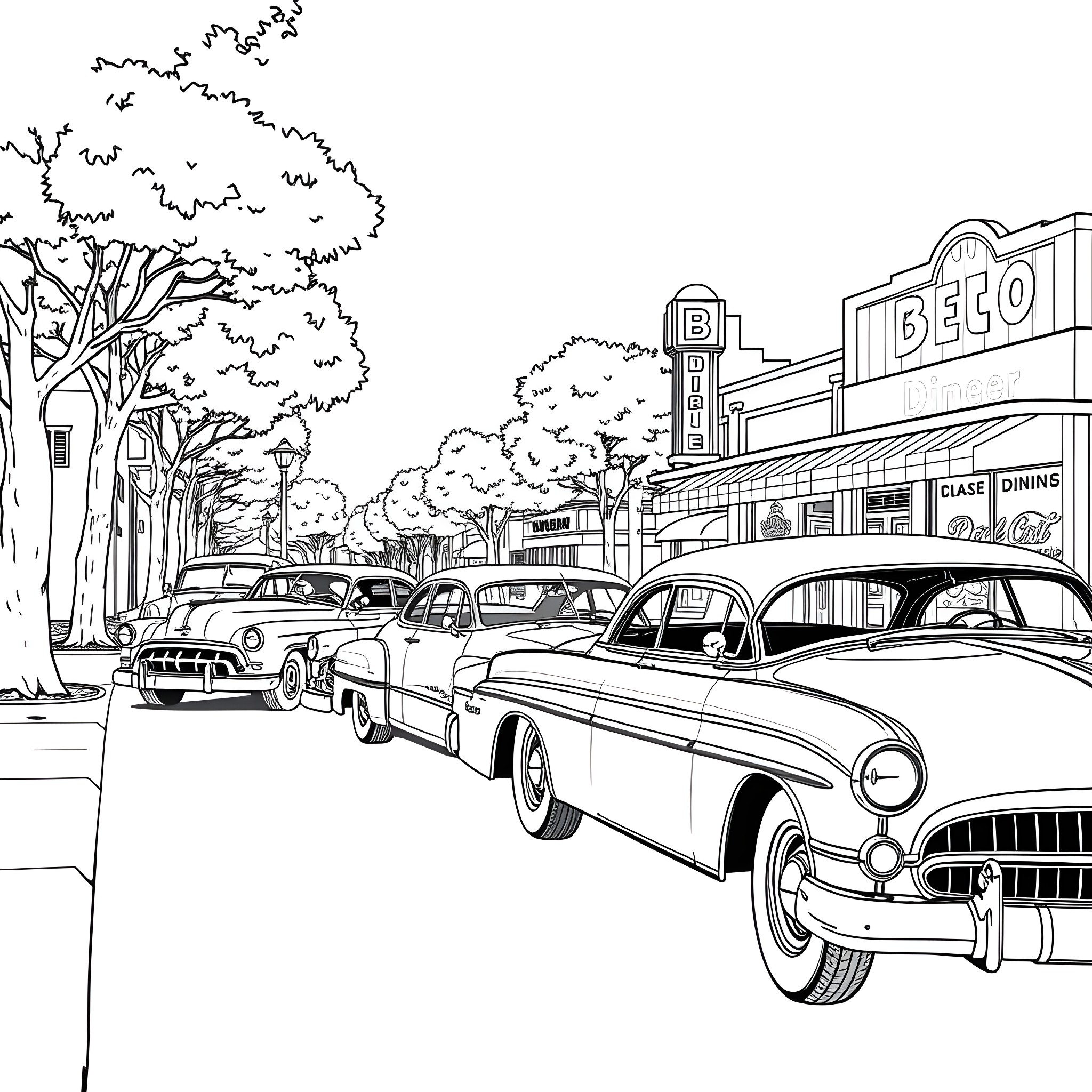 Car scene with vintage vehicles on the street Coloring Page (free black-and-white line drawing printable PDF for all, from beginners to advanced learners, including children, teens, adults, and seniors)