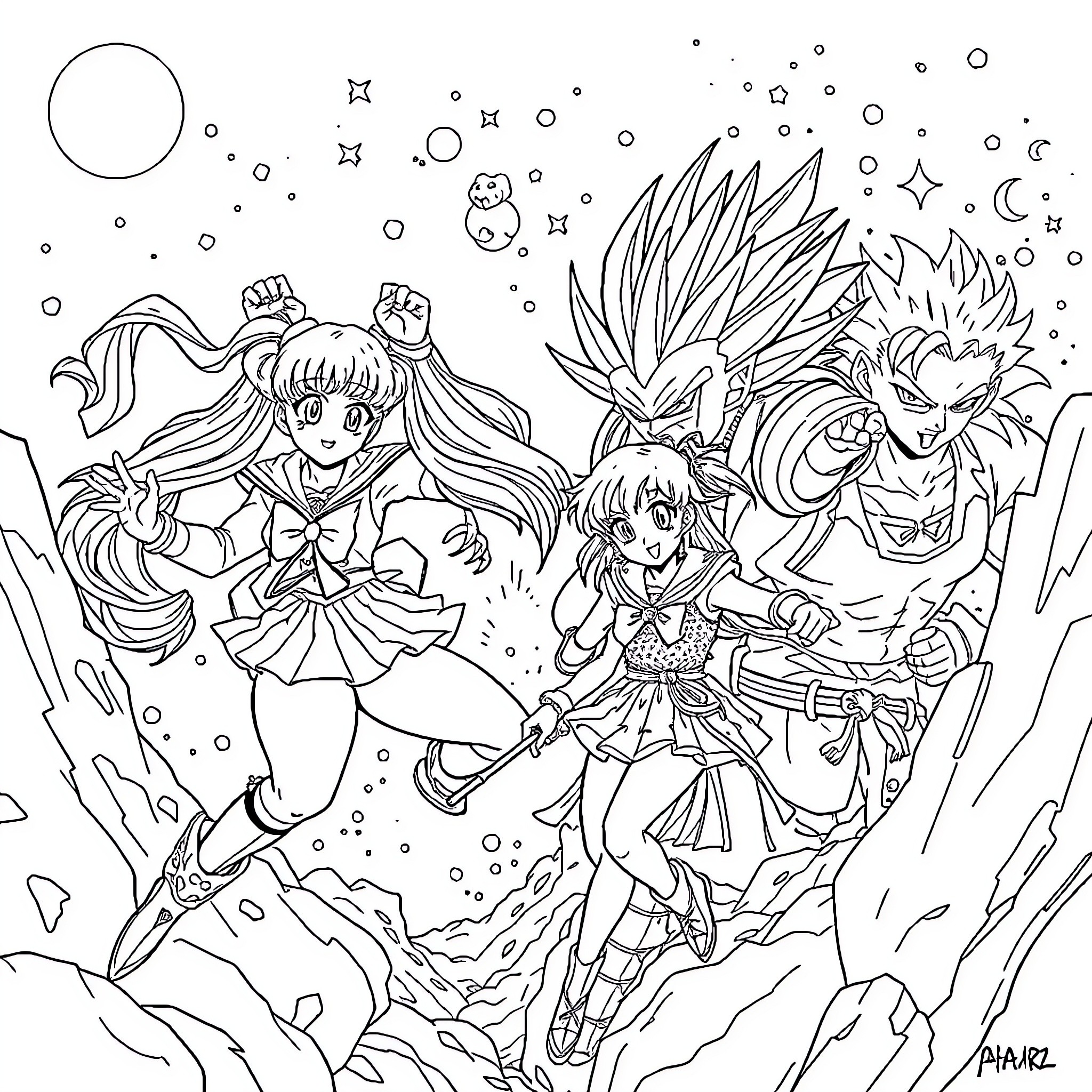 Sailor Moon and her friends in action Coloring Page (free black-and-white line drawing printable PDF for all, from beginners to advanced learners, including children, teens, adults, and seniors)
