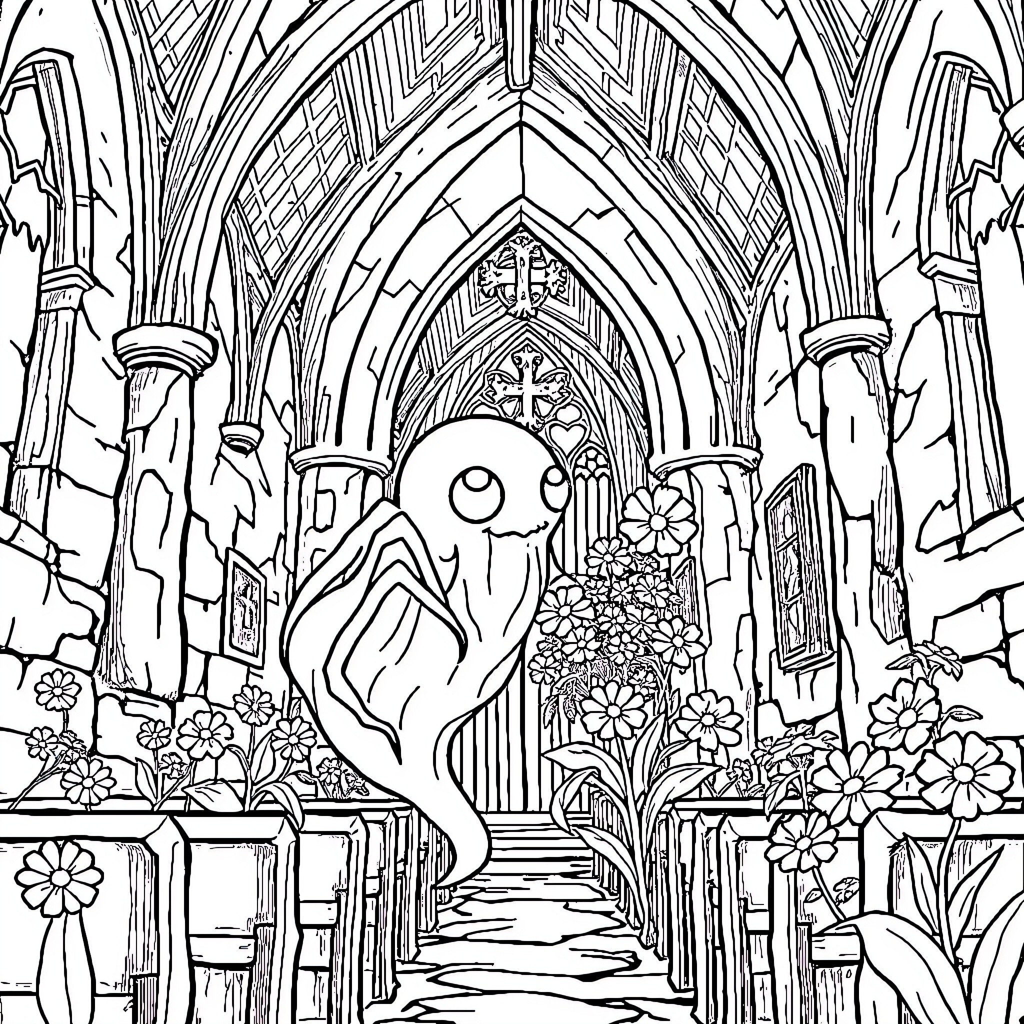 Ghost Spider exploring a Gothic cathedral interior Coloring Page (free black-and-white line drawing printable PDF for all, from beginners to advanced learners, including children, teens, adults, and seniors)