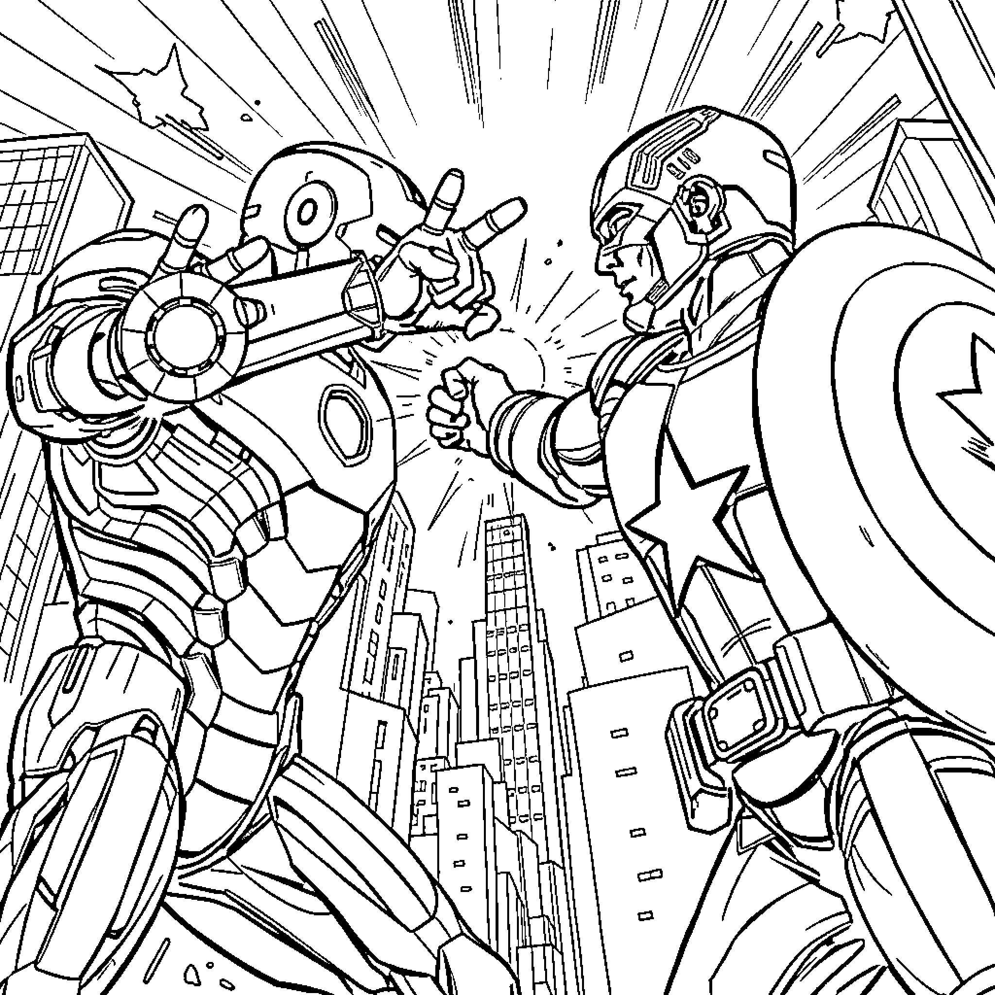 Iron Man Battles Foe in Futuristic City Skyline Coloring Page (free black-and-white line drawing printable PDF for all, from beginners to advanced learners, including children, teens, adults, and seniors)