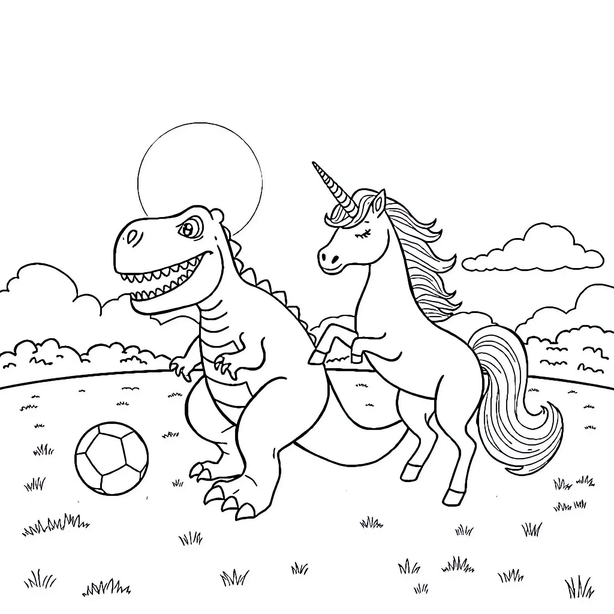 Dinosaur and Unicorn Playing with Ball in Field Coloring Page (free black-and-white line drawing printable PDF for all, from beginners to advanced learners, including children, teens, adults, and seniors)