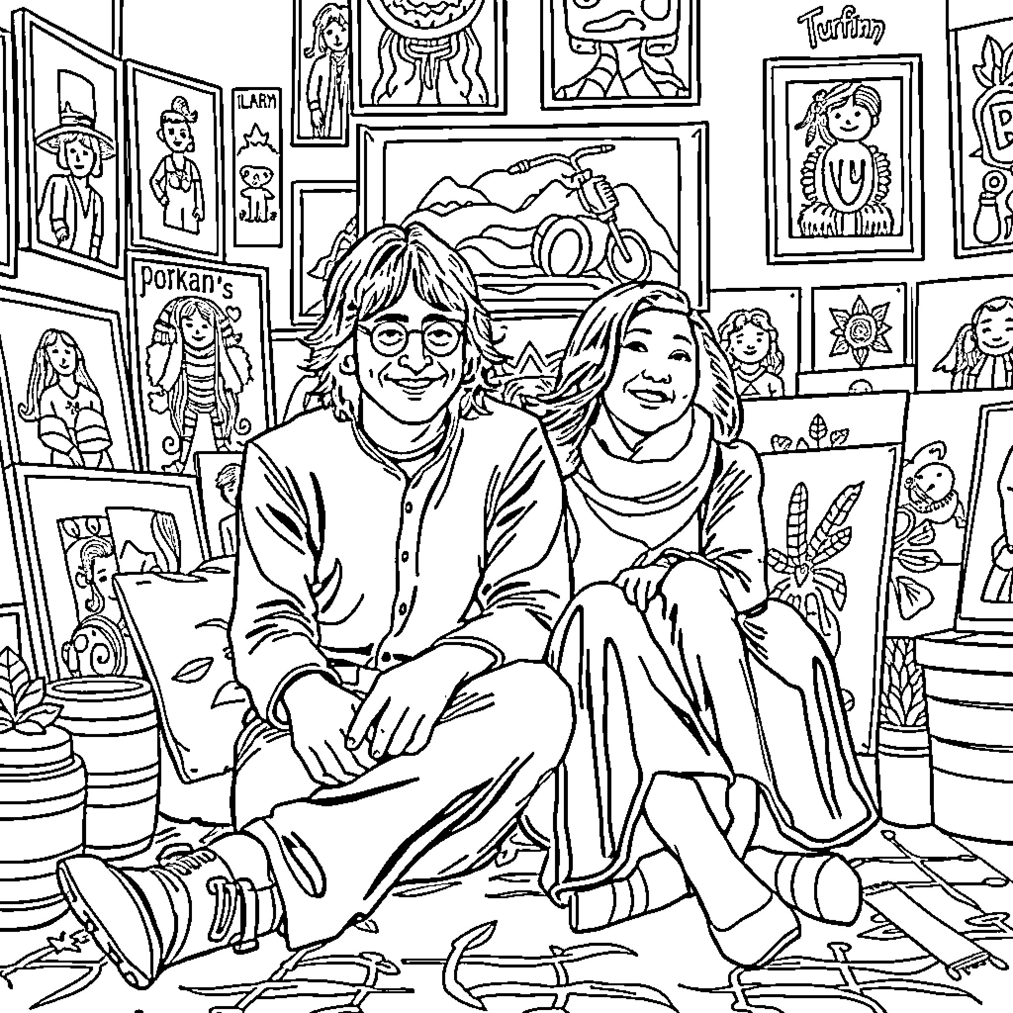 John Lennon and Yoko Ono in their art-filled home Coloring Page (free black-and-white line drawing printable PDF for all, from beginners to advanced learners, including children, teens, adults, and seniors)