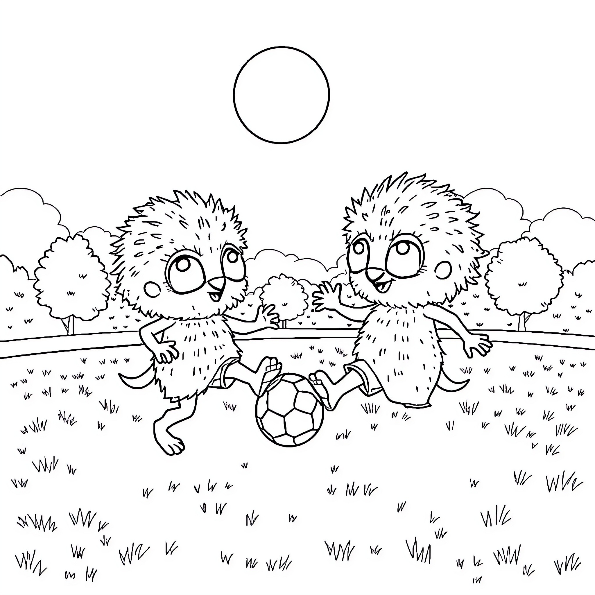 Smurfs playing happily with soccer ball in the park Coloring Page (free black-and-white line drawing printable PDF for all, from beginners to advanced learners, including children, teens, adults, and seniors)