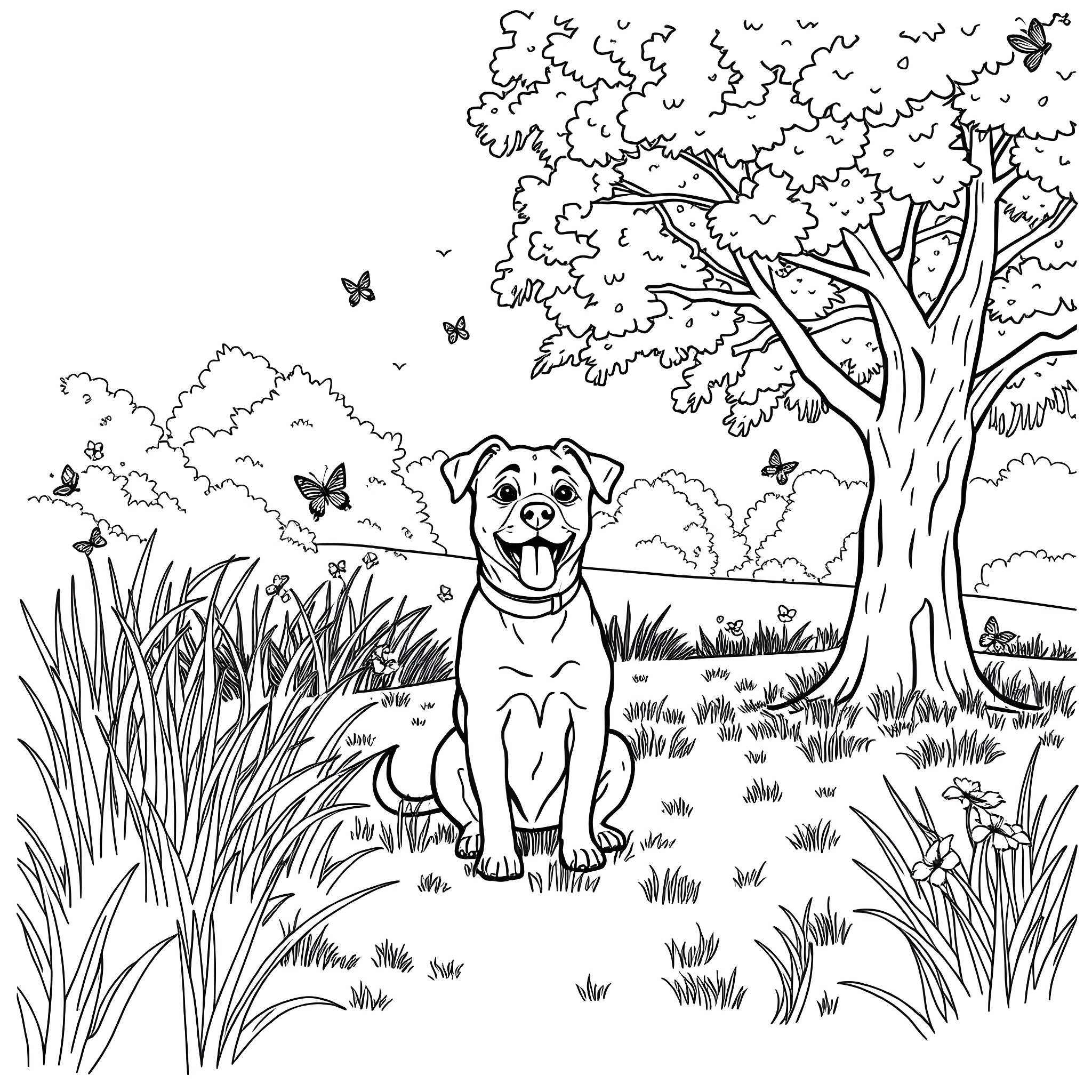 Dog enjoying outdoor nature scenery Coloring Page (free black-and-white line drawing printable PDF for all, from beginners to advanced learners, including children, teens, adults, and seniors)