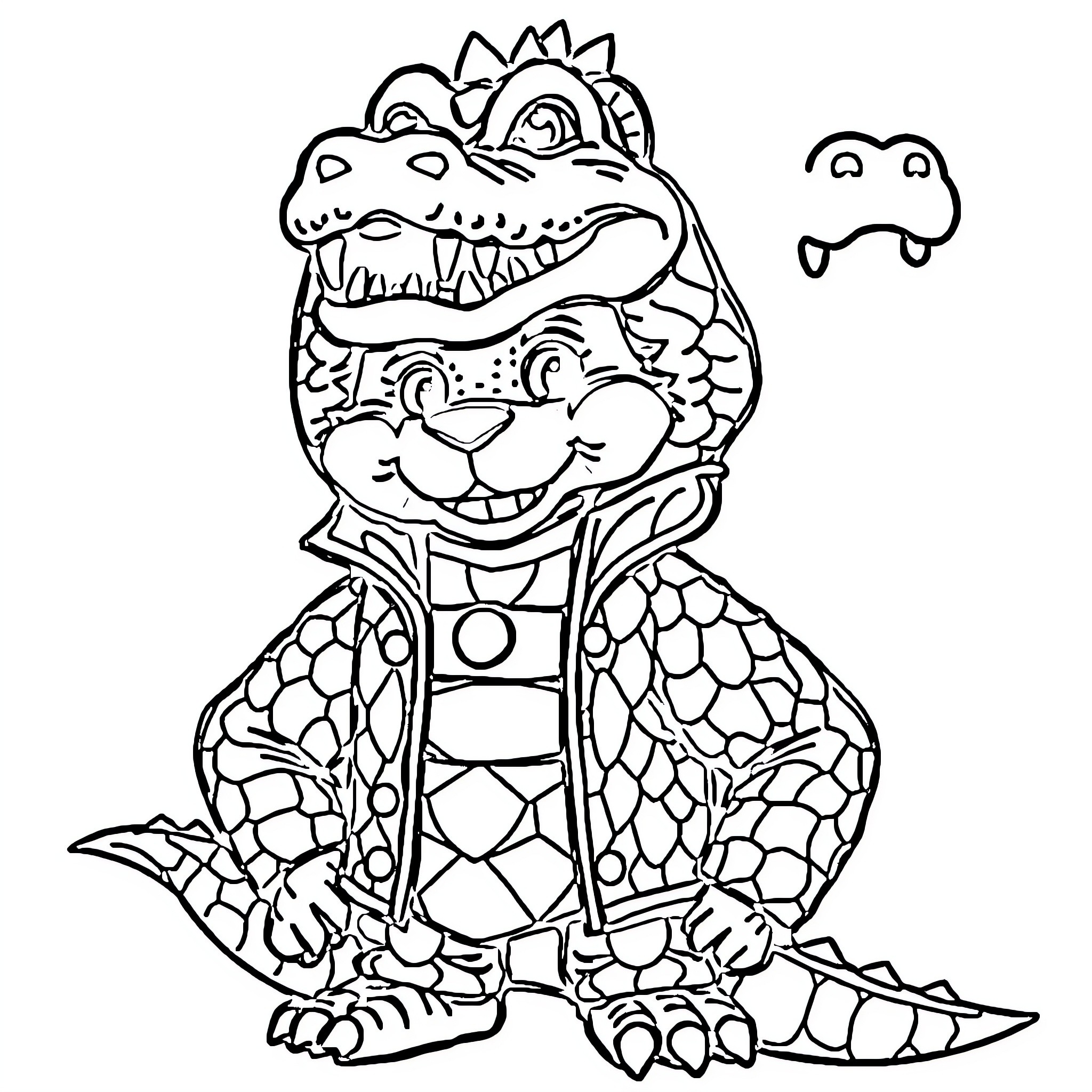 Freddy Fazbear dressed as a colorful reptile character Coloring Page (free black-and-white line drawing printable PDF for all, from beginners to advanced learners, including children, teens, adults, and seniors)