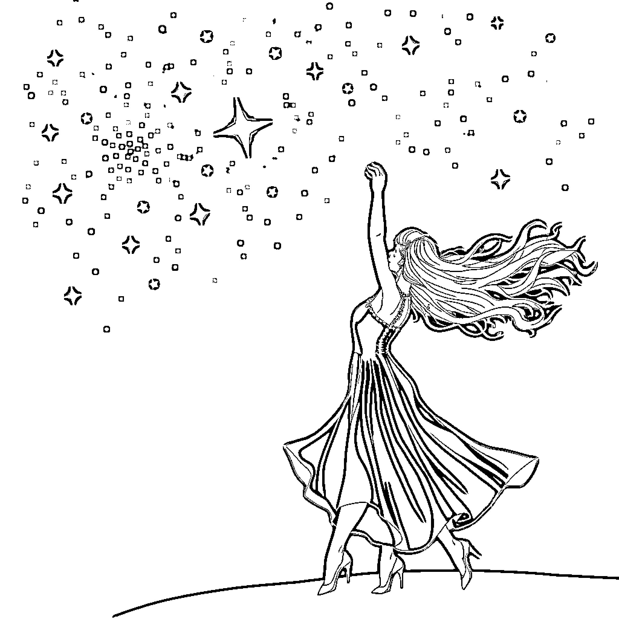 Lisa Silverstone's Enchanting Dance Under the Starry Sky Coloring Page (free black-and-white line drawing printable PDF for all, from beginners to advanced learners, including children, teens, adults, and seniors)